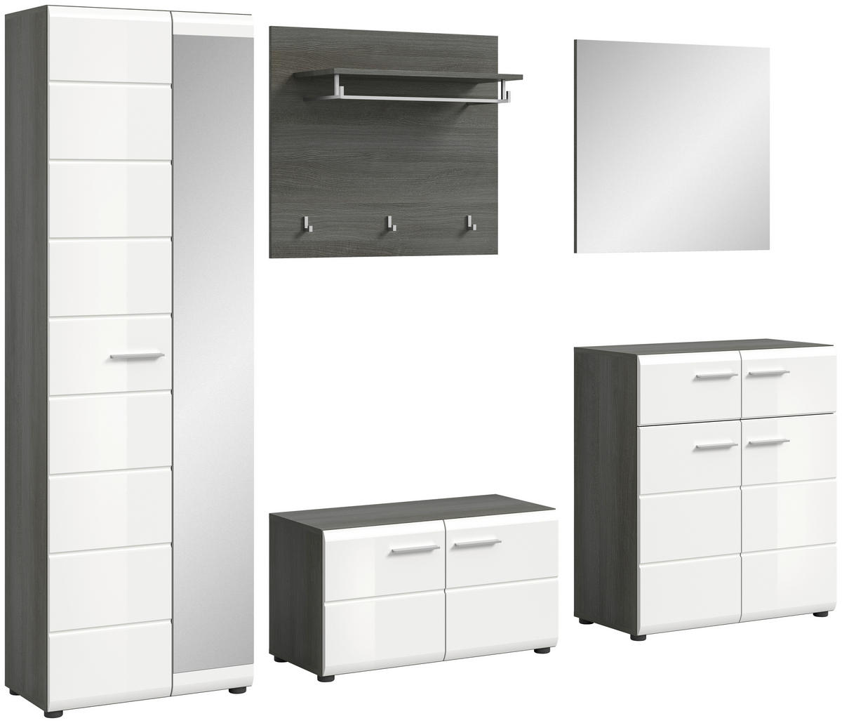 Garderobe SALSA Eiche Rauchsilber Nachbildung weiß Hochglanz B/H/T: ca. 250x192x37 cm SALSA - Eiche/weiß (250,00/192,00/37,00cm) - xonox.home