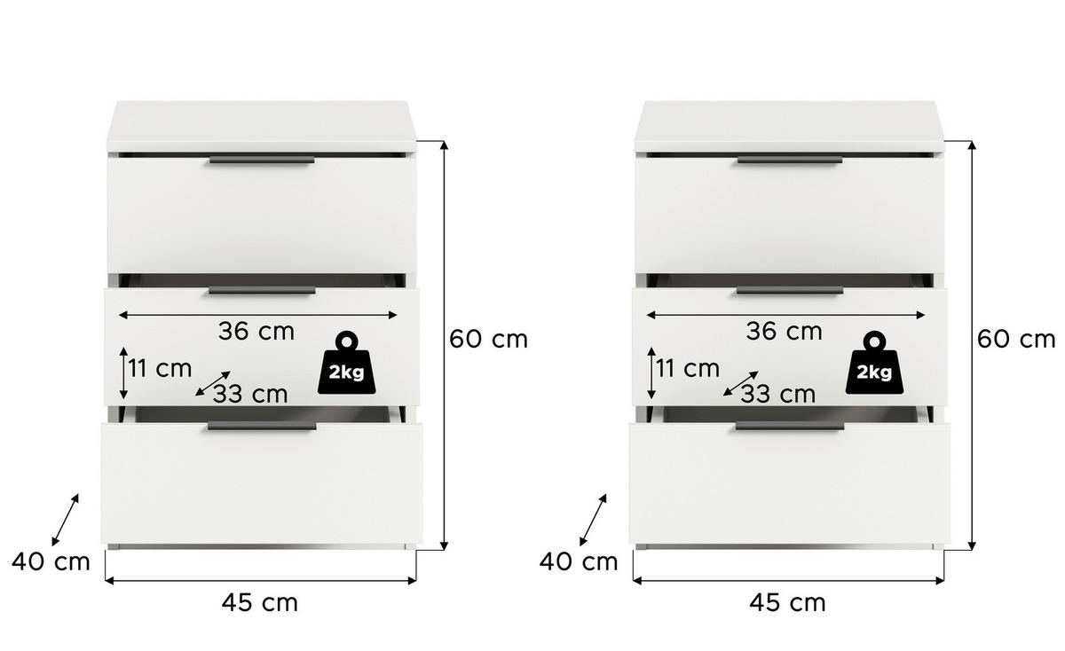 Nachtkonsolen KOPENHAGEN, Set weiß B/H/T: ca. 45x60x40 cm KOPENHAGEN, Set - weiß (45,00/60,00/40,00cm) - xonox.home