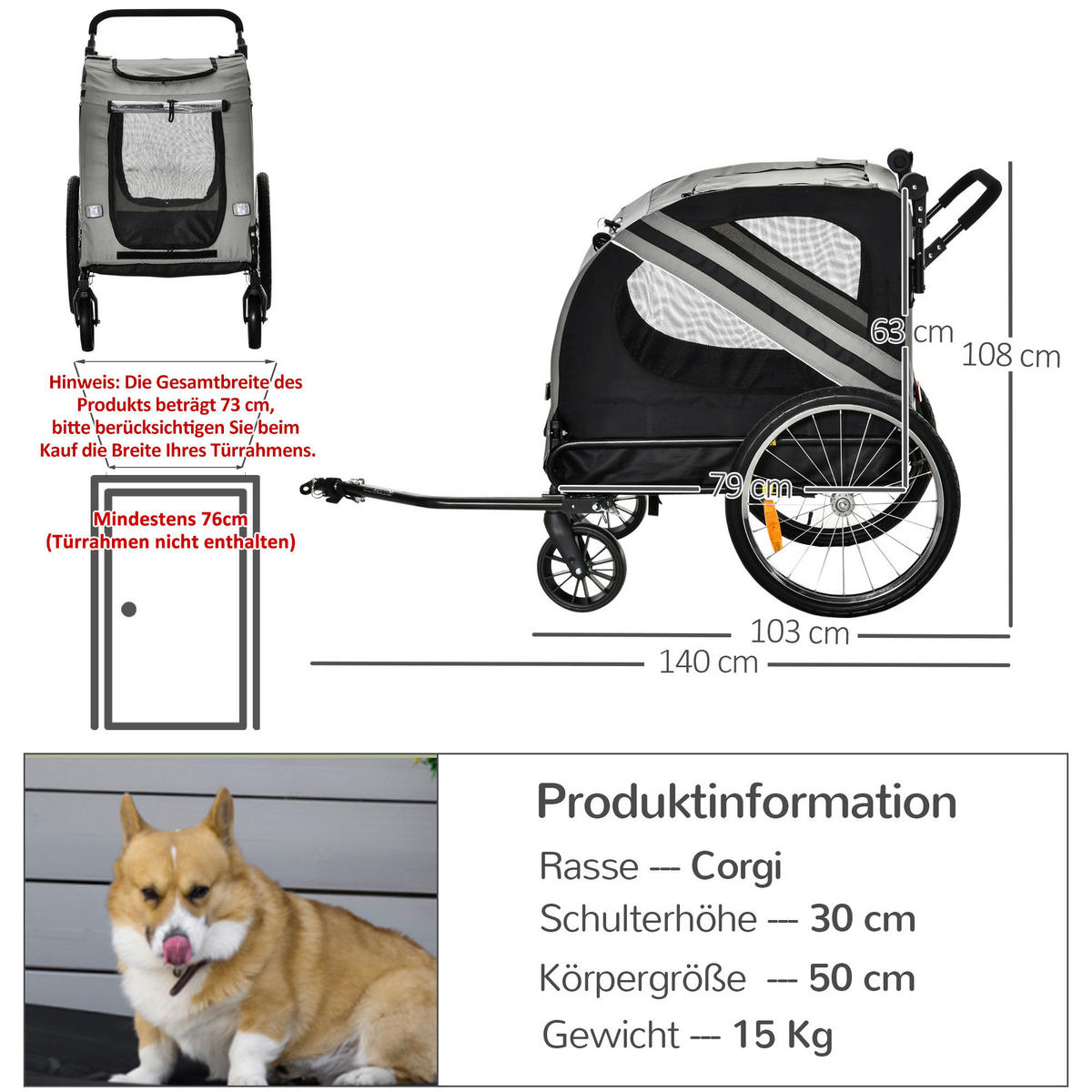 PawHut Hunde-Zubehör grau Edelstahl B/H/L: ca. 72,5x140x108 cm Hundwagen - grau (108,00/72,50/140,00cm) - PawHut