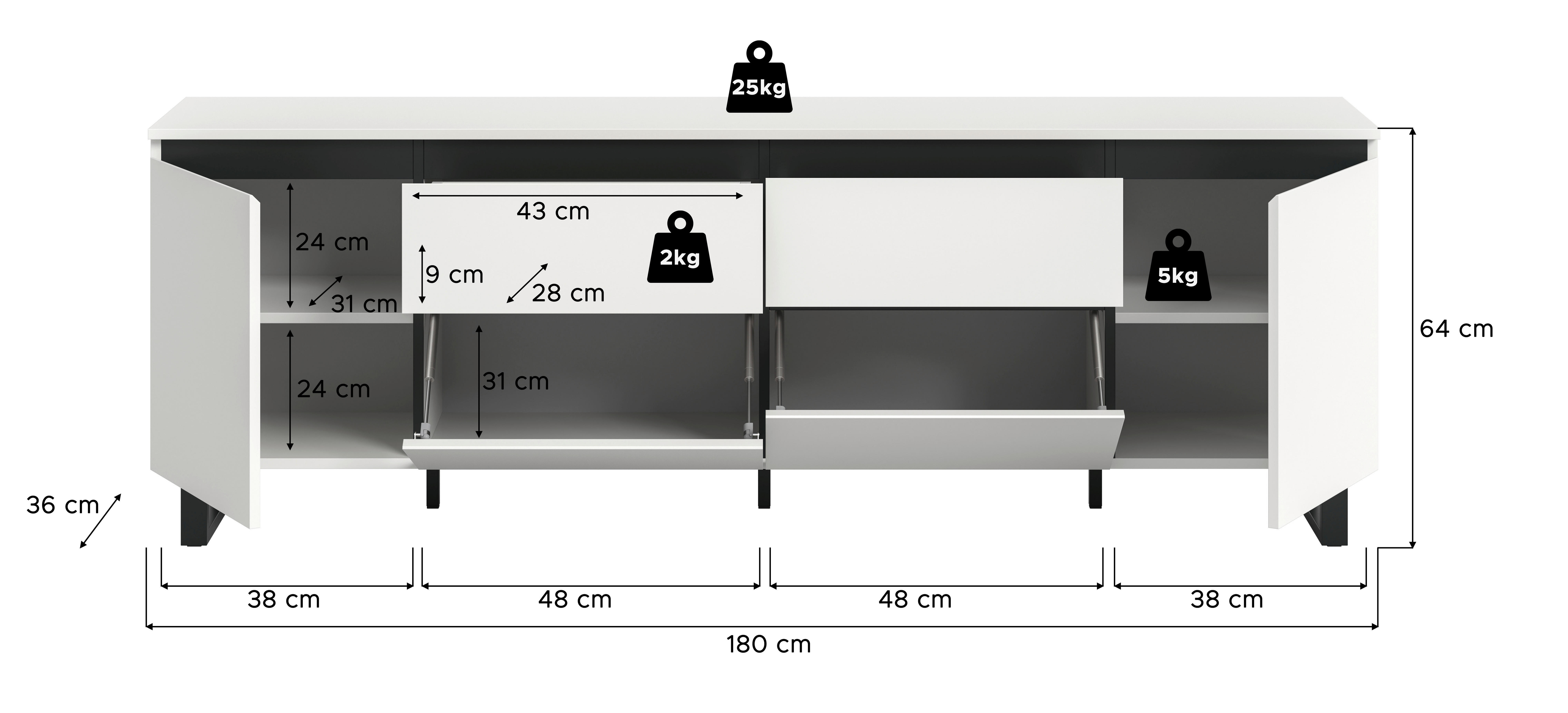 Lowboard Tomasa weiß schwarz B/H/T: ca. 188x65x36 cm Tomasa - weiß/schwarz (188,00/65,00/36,00cm) - xonox.home