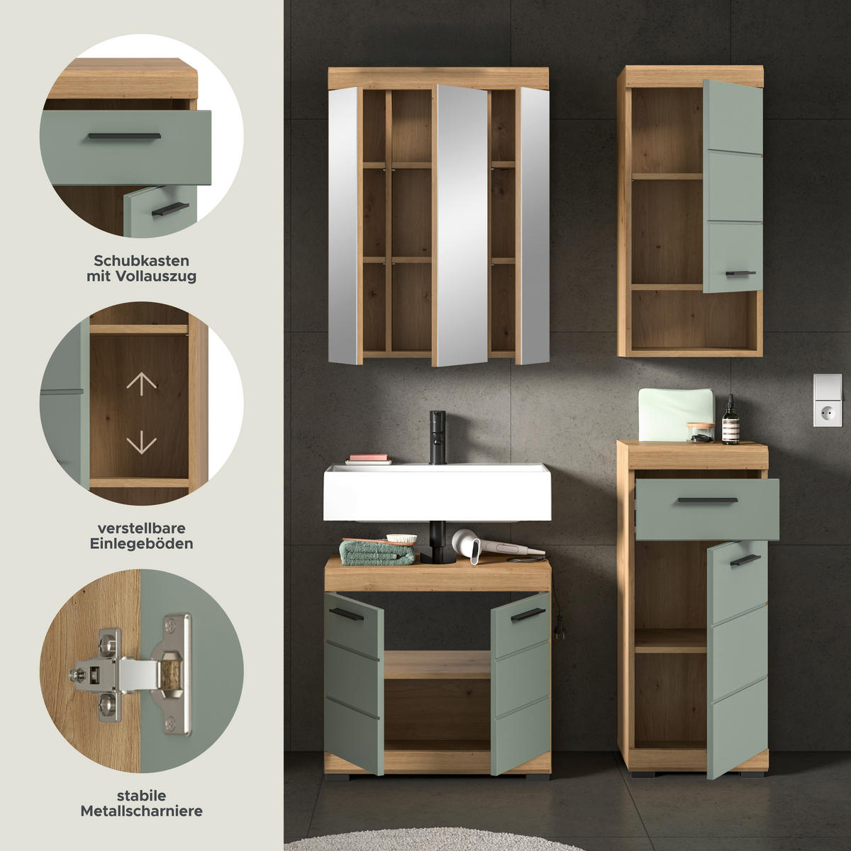 Badezimmer-Set Scout Eiche Artisan Nachbildung salbei Nachbildung B/H/T: ca. 112x191x34 cm Scout - Eiche/salbei (112,00/191,00/34,00cm) - xonox.home