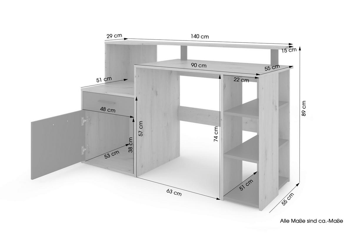 Schreibtisch LOUIS Eiche anthrazit B/H/T: ca. 140x89x55 cm LOUIS - Eiche/anthrazit (140,00/89,00/55,00cm) - byLIVING