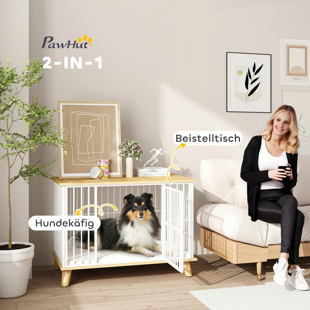 PawHut Hundekäfig Eiche Stahl B/H/L: ca. 60x70x86 cm Hundekäfig - Eiche/weiß (86,00/60,00/70,00cm) - PawHut