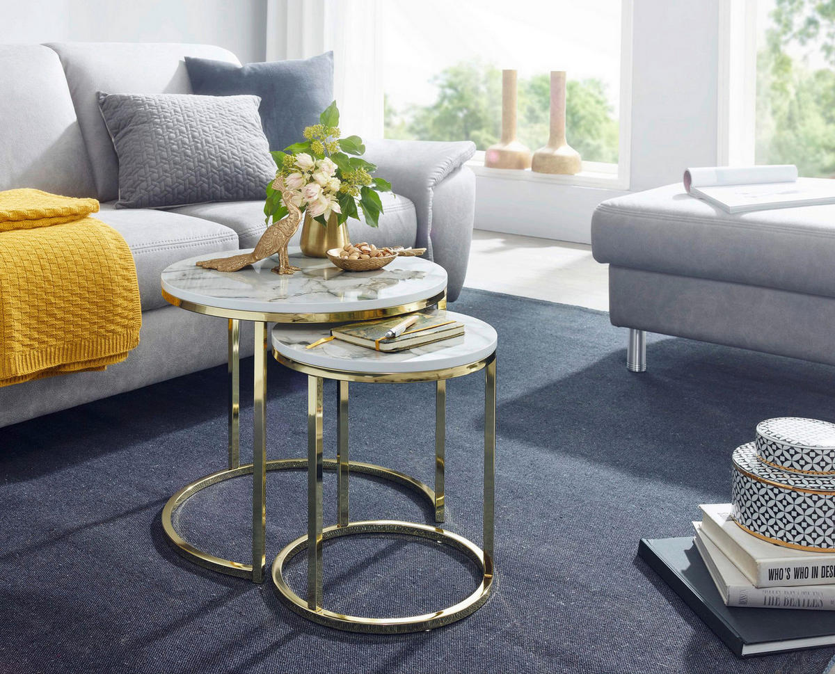 Wohnling Couchtisch 2er-Set. weiß Marmor gold MDF Stahl 2er-Set. - gold/weiß - Wohnling
