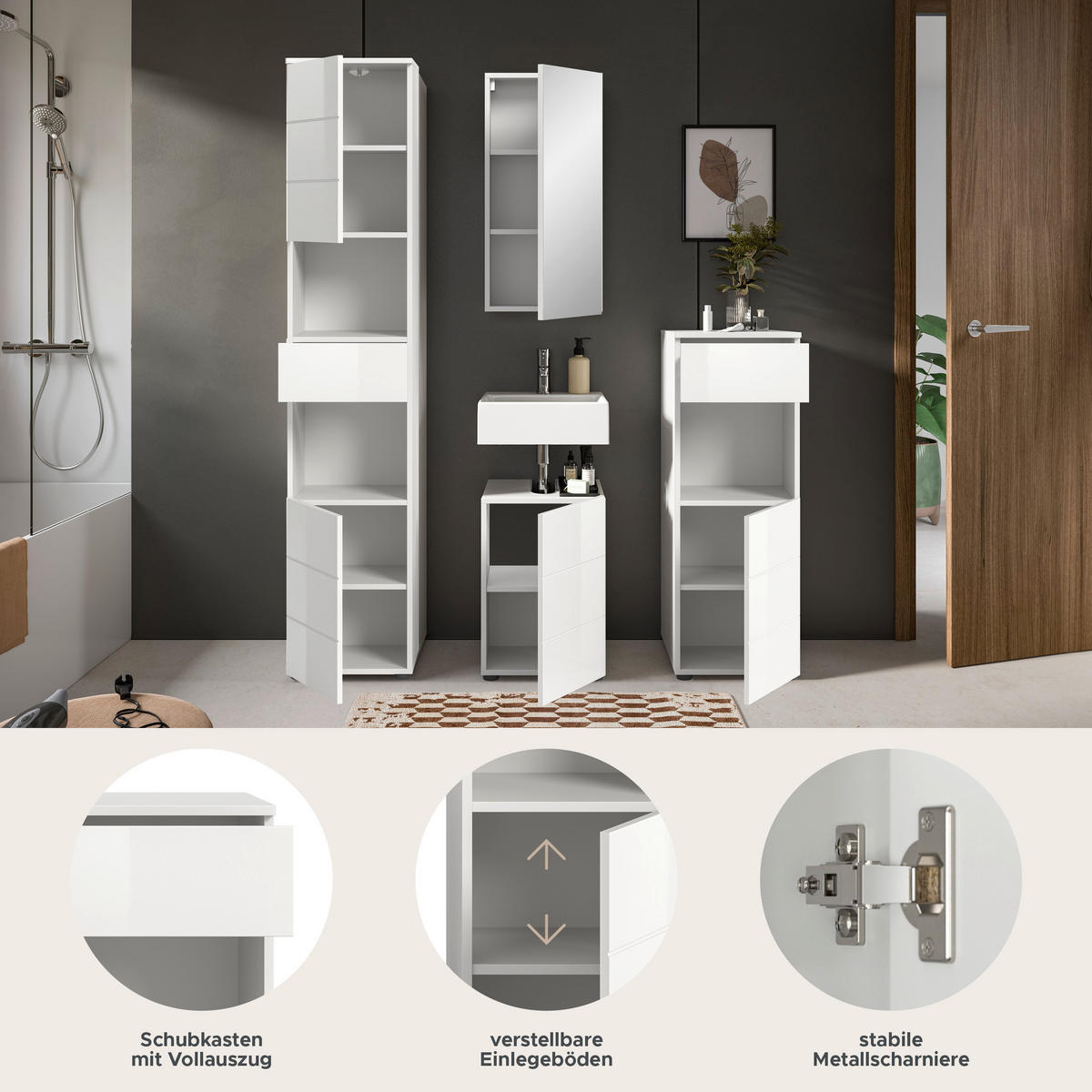 Badezimmer-Set VIRA weiß weiß Hochglanz B/H/T: ca. 144x190x34 cm VIRA - weiß (144,00/190,00/34,00cm) - xonox.home