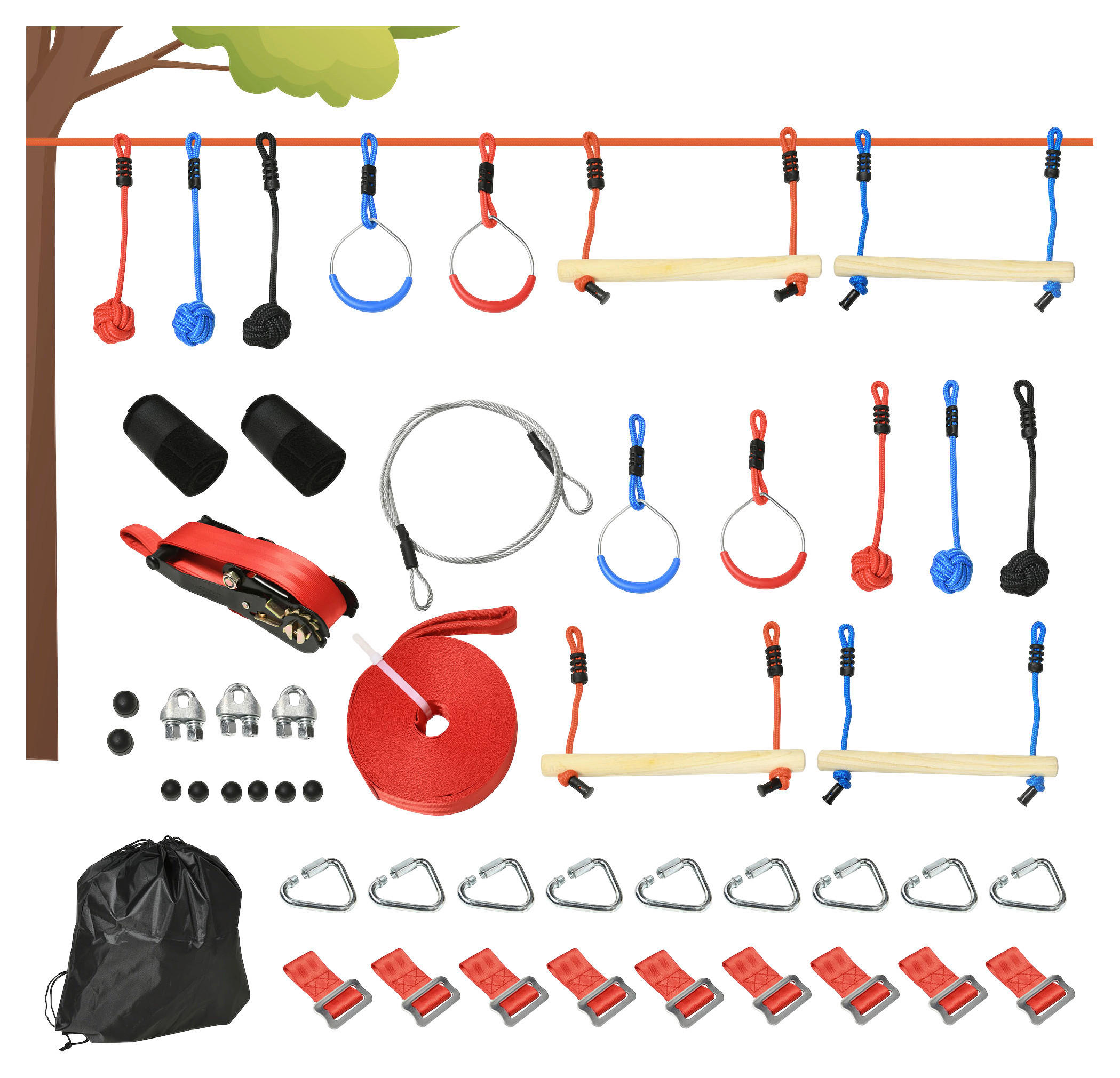 Outsunny Outdoor-Spielzeug schwarz Kunststoff B/H/L: ca. 40x1000x100 cm Ninja_Slackline-Set - blau/rot (100,00/40,00/1000,00cm) - Outsunny