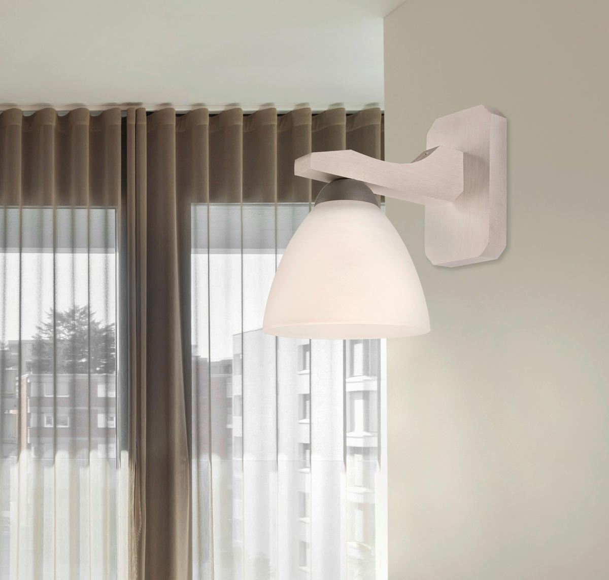 Lamkur Wandleuchte weiß buche Glas Stahl Holz B/H/L: ca. 20x20x30 cm E27 1 Brennstellen Adriano - weiß/buche (30,00/20,00/20,00cm) - Lamkur