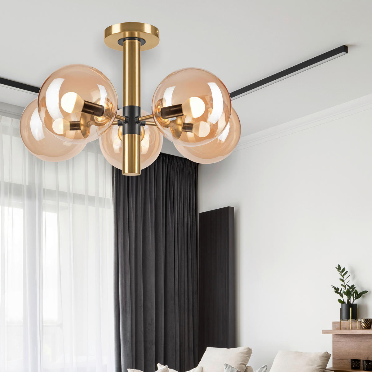 Lamkur Deckenleuchte gold schwarz Glas Metall B/H/L: ca. 35x32x32 cm E14 5 Brennstellen ROLLO - gold/schwarz (32,00/35,00/32,00cm) - Lamkur