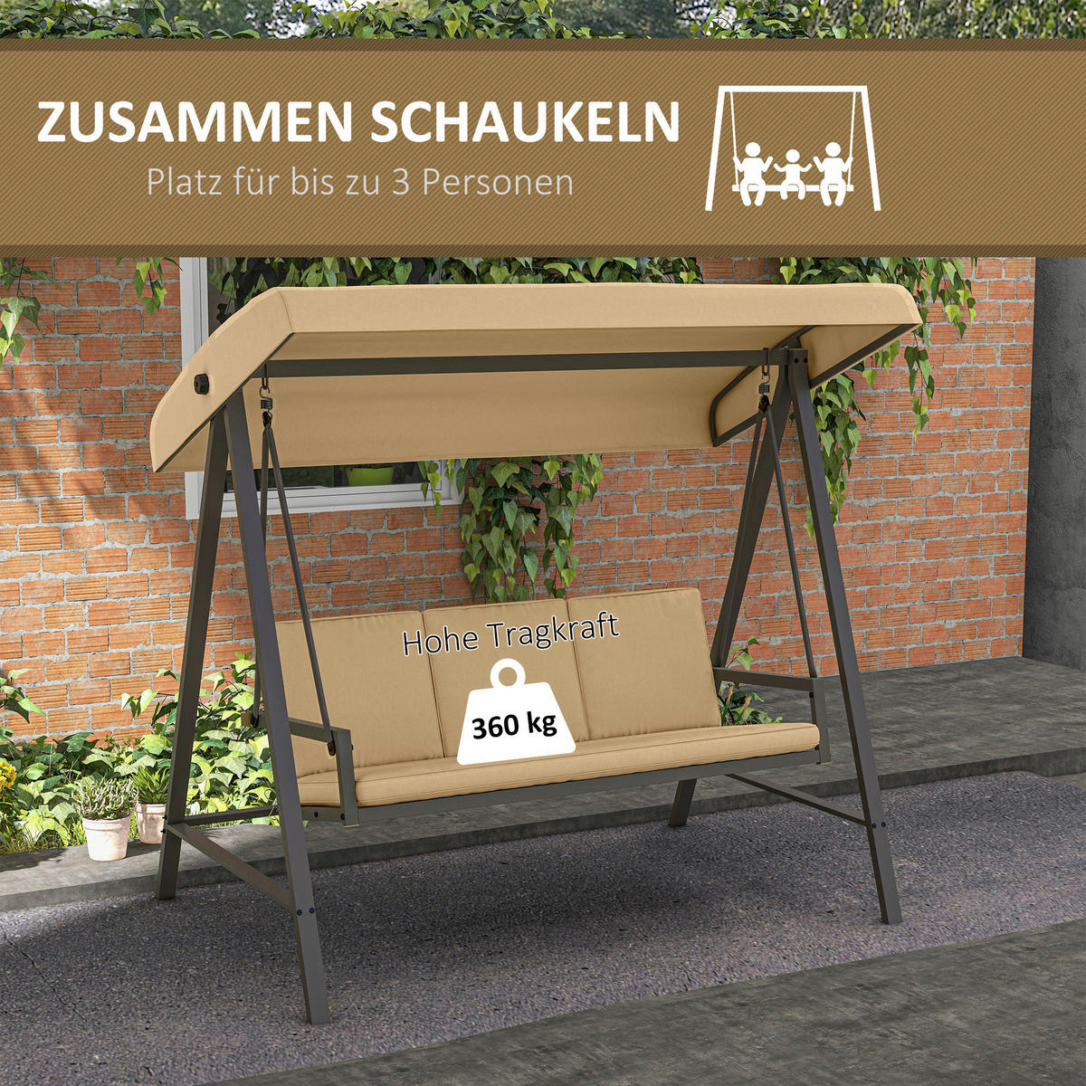 Outsunny Hollywoodschaukel beige Edelstahl B/H/L: ca. 125x200x175 cm Hollywoodschaukel - beige (175,00/125,00/200,00cm) - Outsunny
