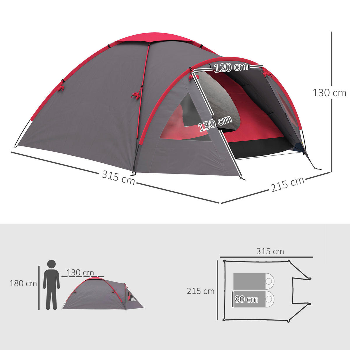 Outsunny Campingzelt grau Polyester B/H/L: ca. 215x130x315 cm Campingzelt - grau (315,00/215,00/130,00cm) - Outsunny