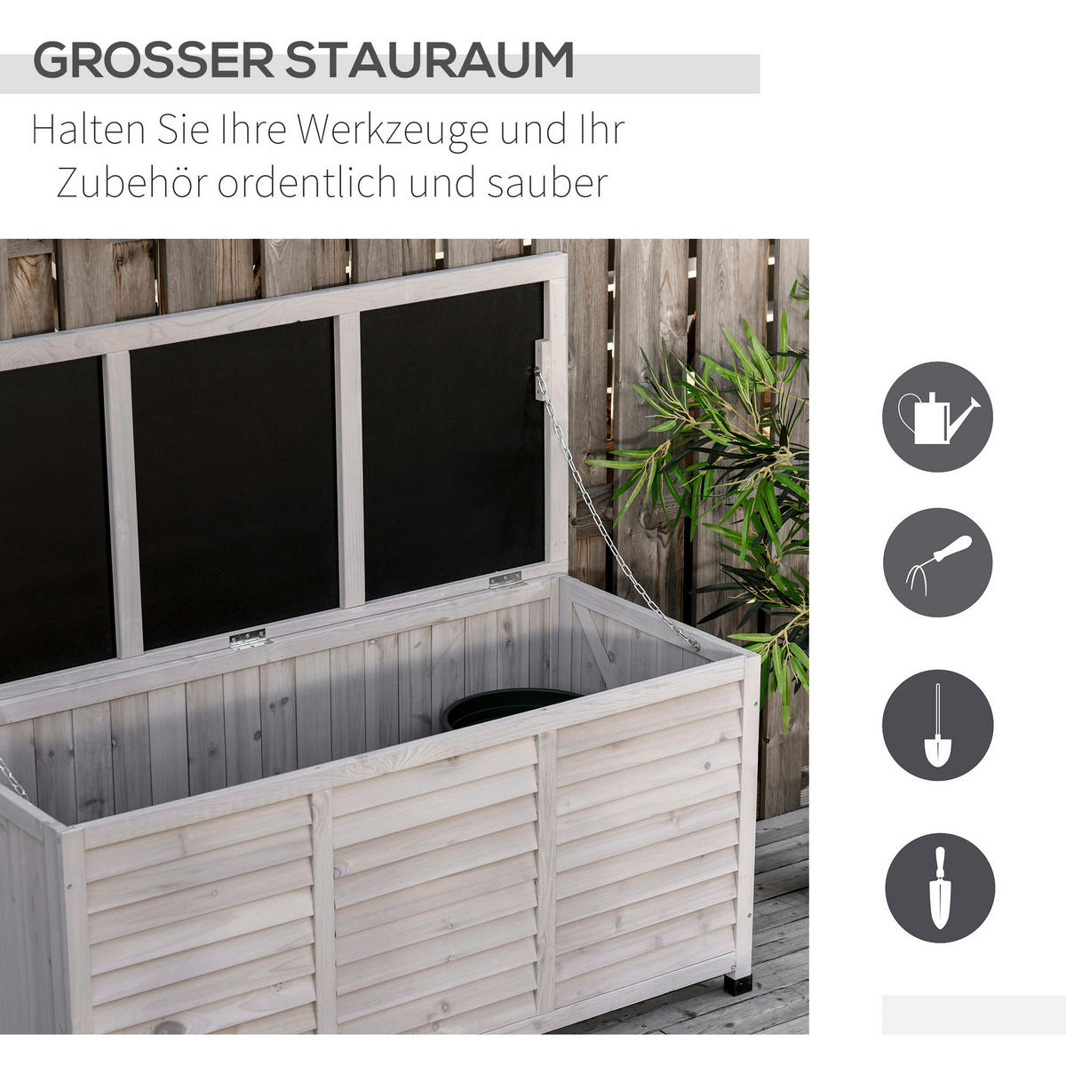 Outsunny Gartentruhe mit Stauraum grau Holz B/H/L: ca. 56x60x127 cm Gartentruhe mit Stauraum - grau (127,00/56,00/60,00cm) - Outsunny