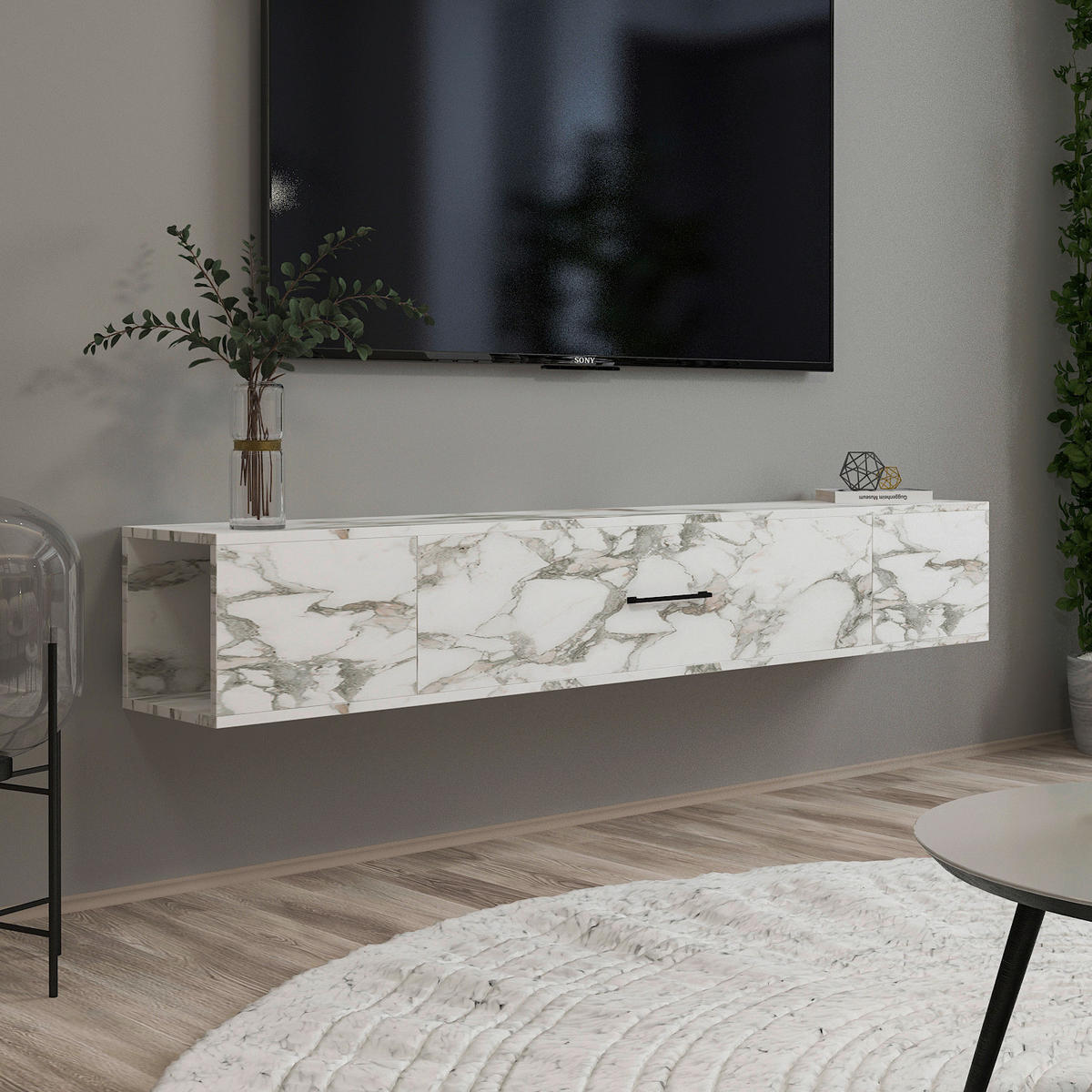 TV-Lowboard Acworth weiß Marmor Optik B/H/T: ca. 160x30x29,6 cm Acworth - weiß (160,00/30,00/29,60cm) - moebel17