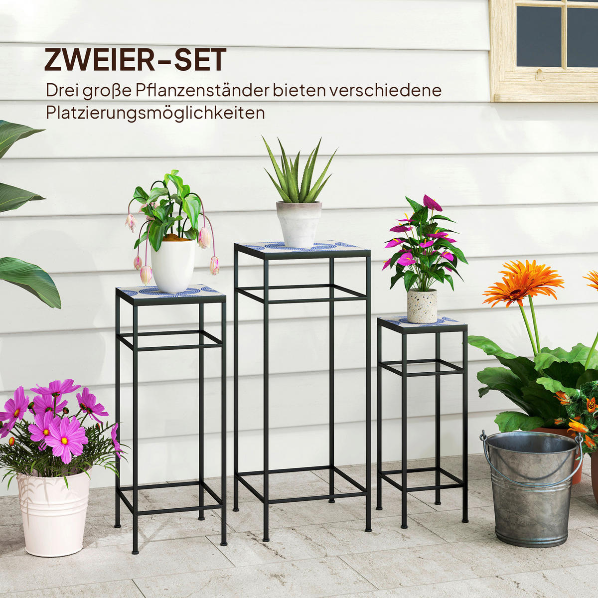 Outsunny Pflanzenständer 3er Set blau Metall B/H/L: ca. 28x71x28 cm Pflanzenständer 3er Set - blau (28,00/28,00/71,00cm) - Outsunny