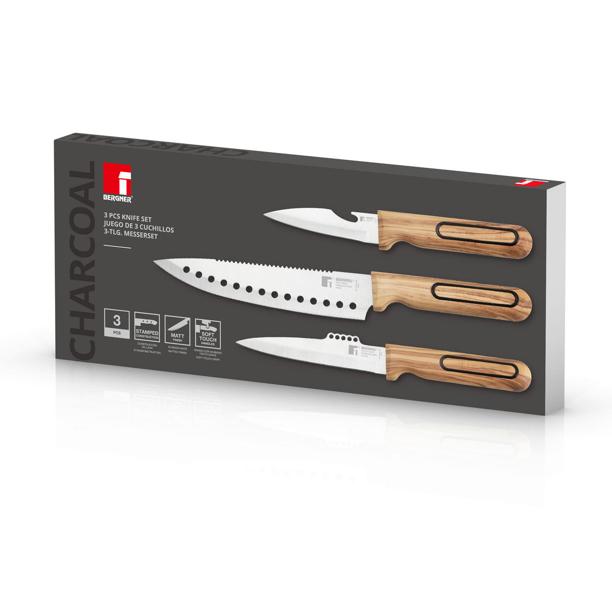 BERGNER Multifunktionsmesser-Set CHARCOAL silber Edelstahl 3 tlg. CHARCOAL - silber (37,00/15,50/3,00cm) - BERGNER