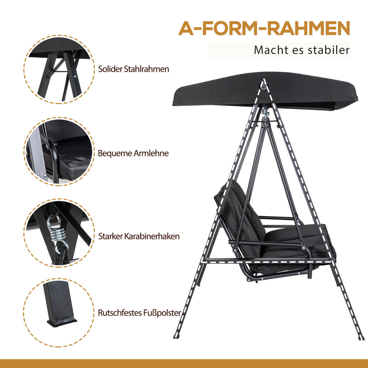 Outsunny Hollywoodschaukel schwarz Polyester B/H/L: ca. 116x172x145 cm Hollywoodschaukel - schwarz (145,00/116,00/172,00cm) - Outsunny