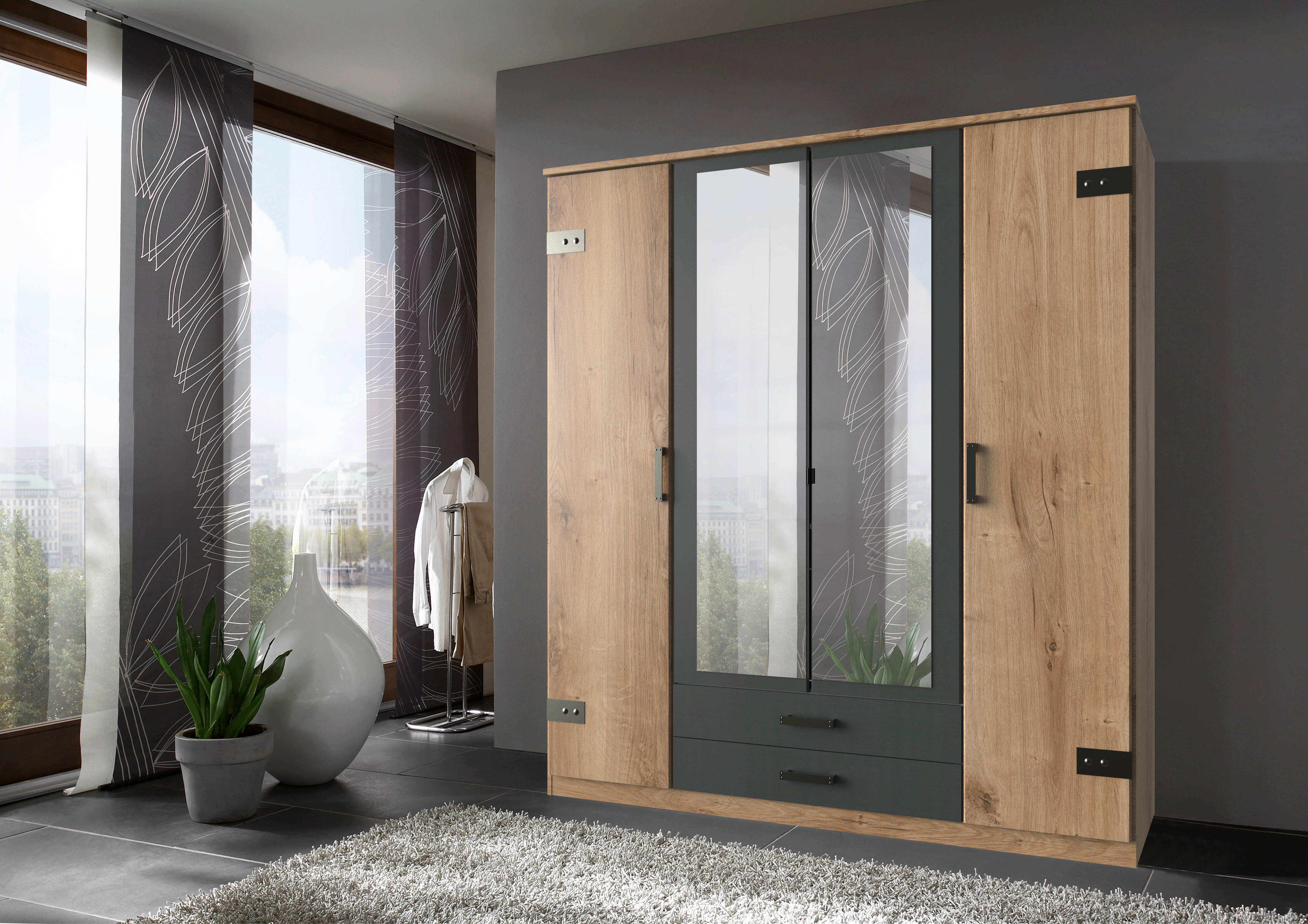 Kleiderschrank Cork Graphit Plankeneiche Nachbildung B/H/T: ca. 180x199x58 cm Cork - Graphit (180,00/199,00/58,00cm)