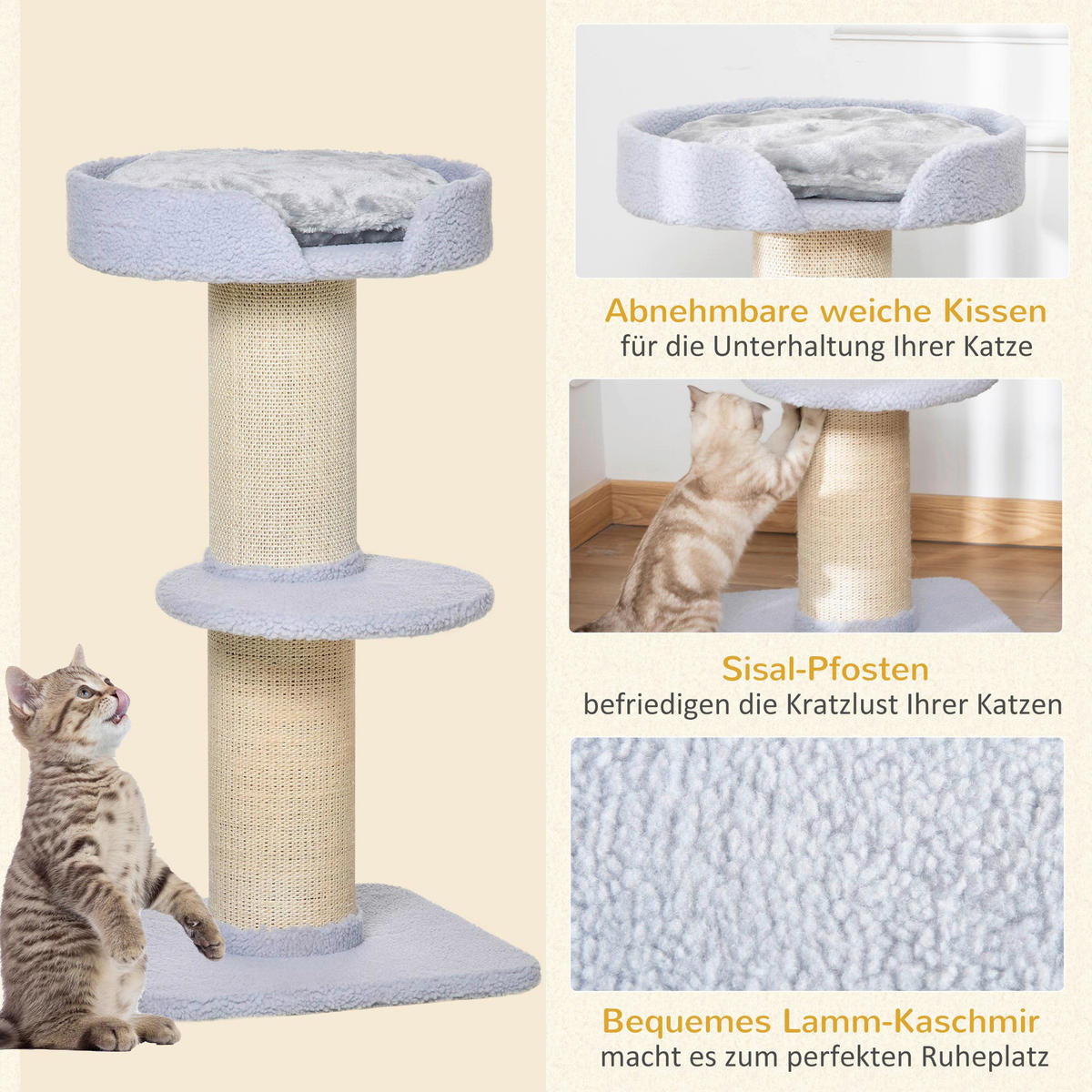 PawHut Kratzbaum hellgrau Sisal B/H/L: ca. 45x91x45 cm Kratzbaum - hellgrau (45,00/45,00/91,00cm) - PawHut