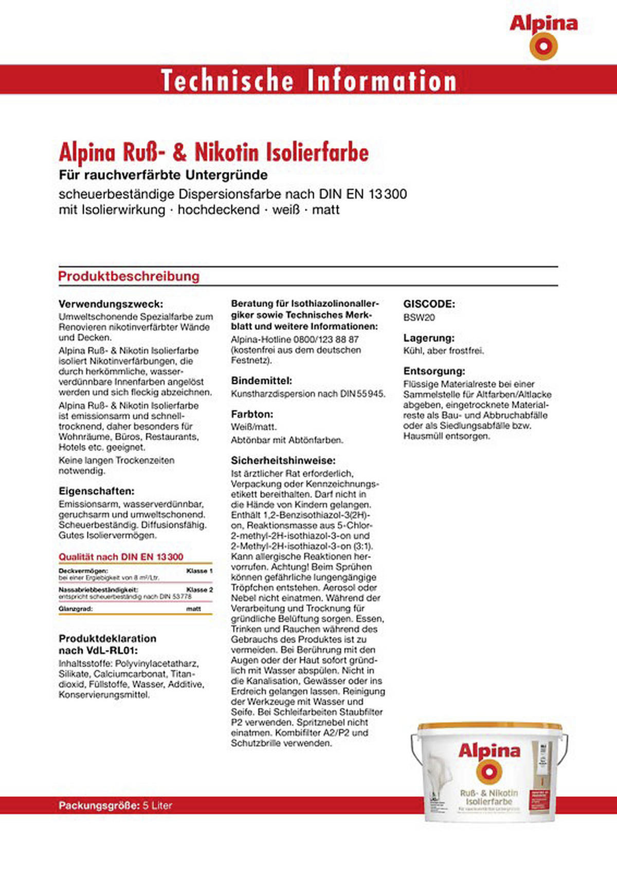 Alpina 5 Liter Isolierfarbe Ruß- & Nikotin, isoliert Nikotin, Ruß