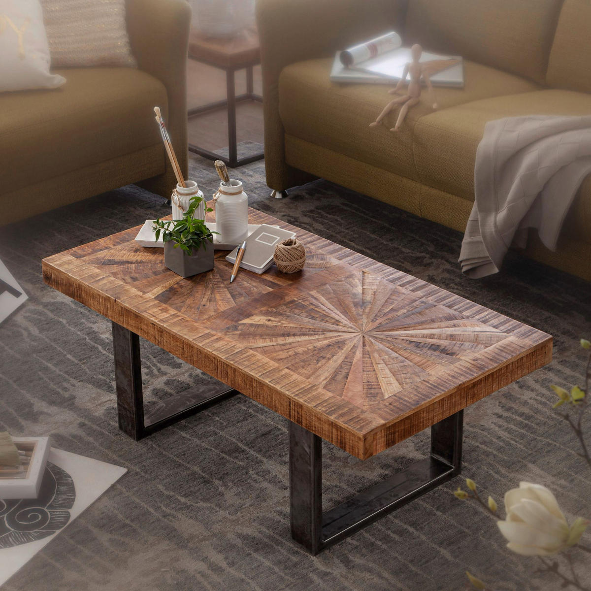 Couchtisch natur grau lackiert B/H/T: ca. 105x40x55 cm Couchtisch - natur/grau (105,00/40,00/55,00cm) - Wohnling