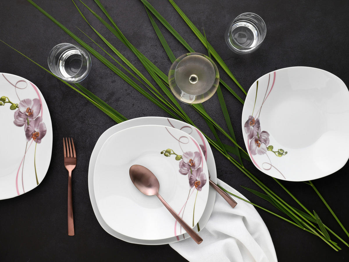 CreaTable Kombiservice Square Orchidee weiß Porzellan 62 tlg. Square Orchidee - weiß/mauve - CreaTable