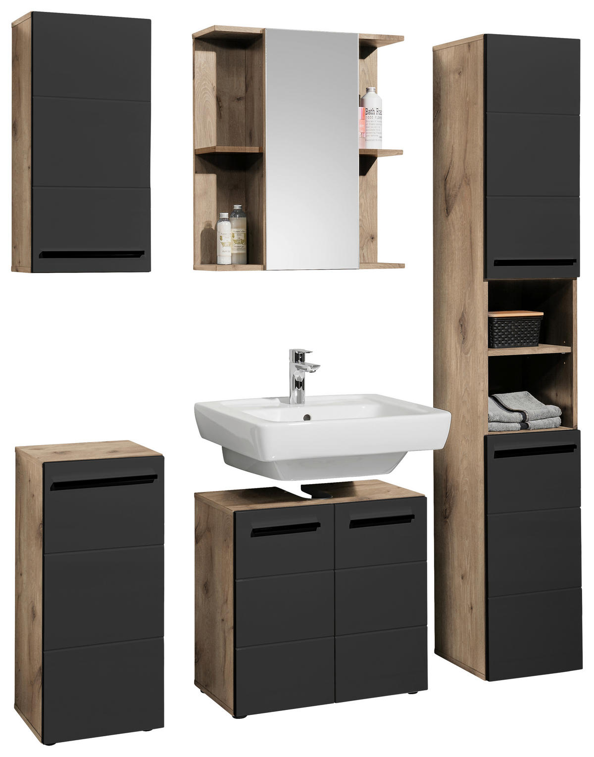 Waschbeckenunterschrank Vista Oak Eiche Viking Nachbildung schwarz matt B/H/T: ca. 60x62x31 cm Vista - schwarz/Oak (60,00/62,00/31,00cm)