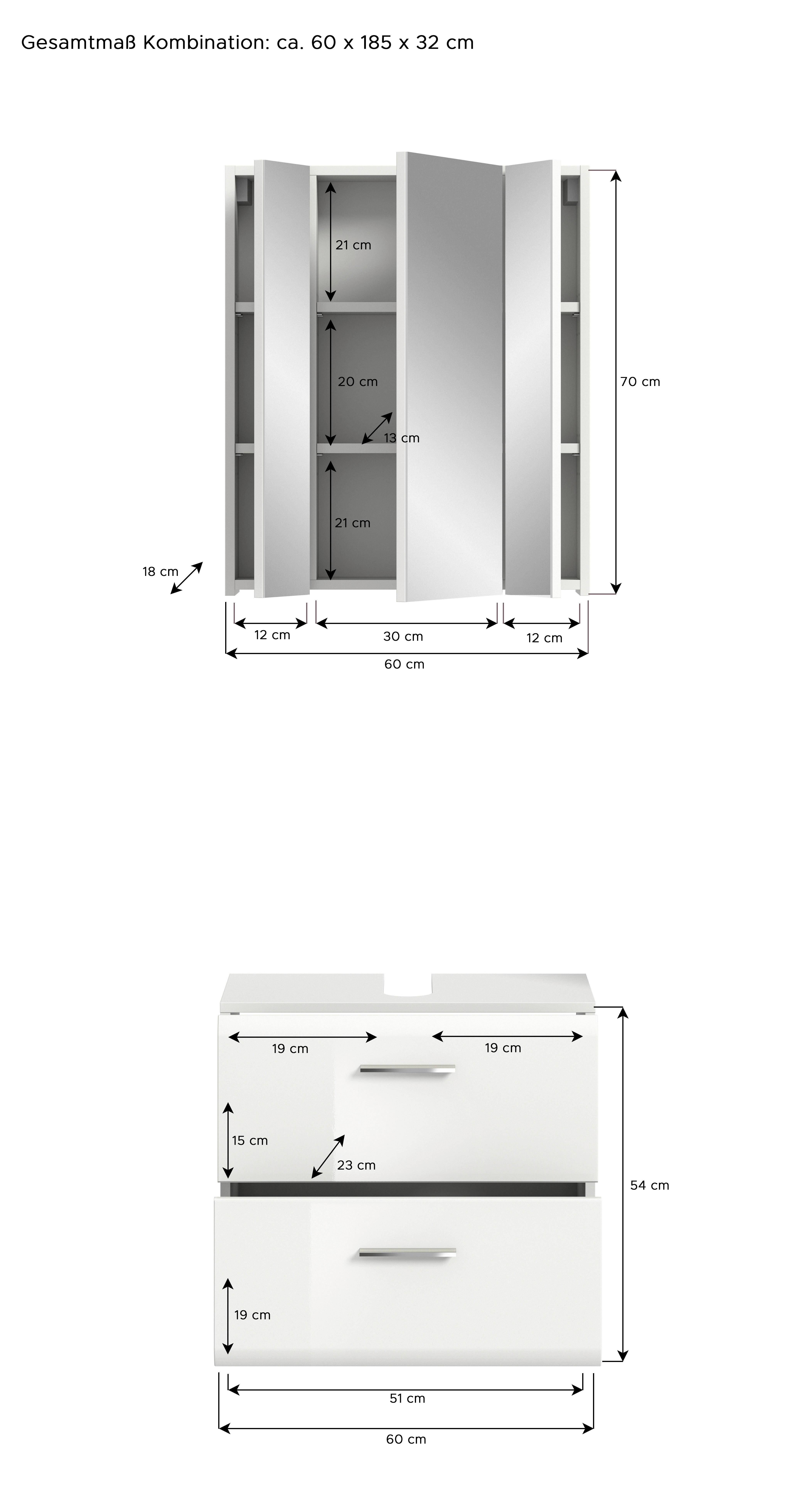 Badezimmer-Set ICE weiß weiß Hochglanz B/H/T: ca. 60x190x32 cm ICE - weiß (60,00/190,00/32,00cm) - xonox.home