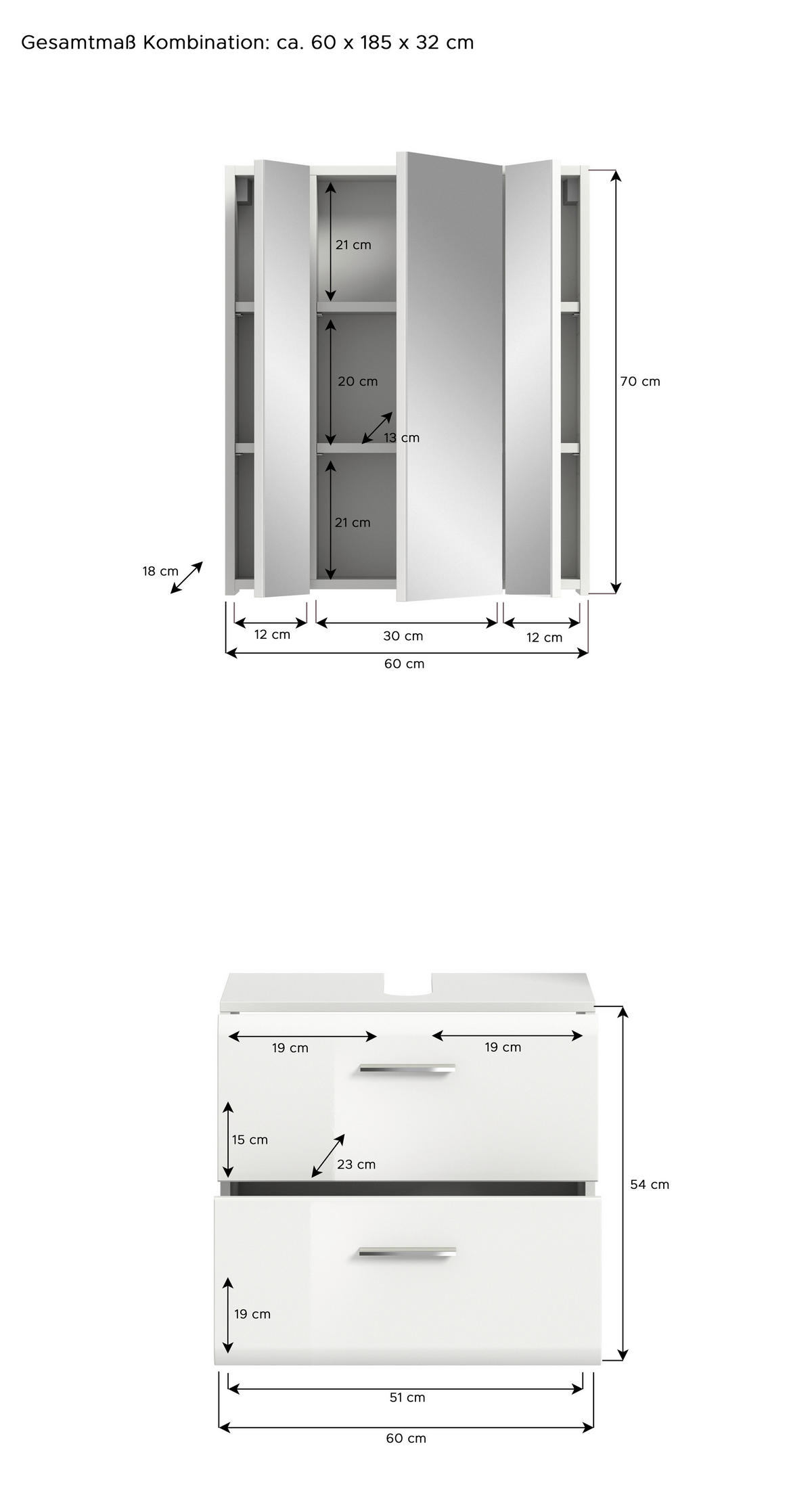 Badezimmer-Set ICE weiß weiß Hochglanz B/H/T: ca. 60x190x32 cm ICE - weiß (60,00/190,00/32,00cm) - xonox.home