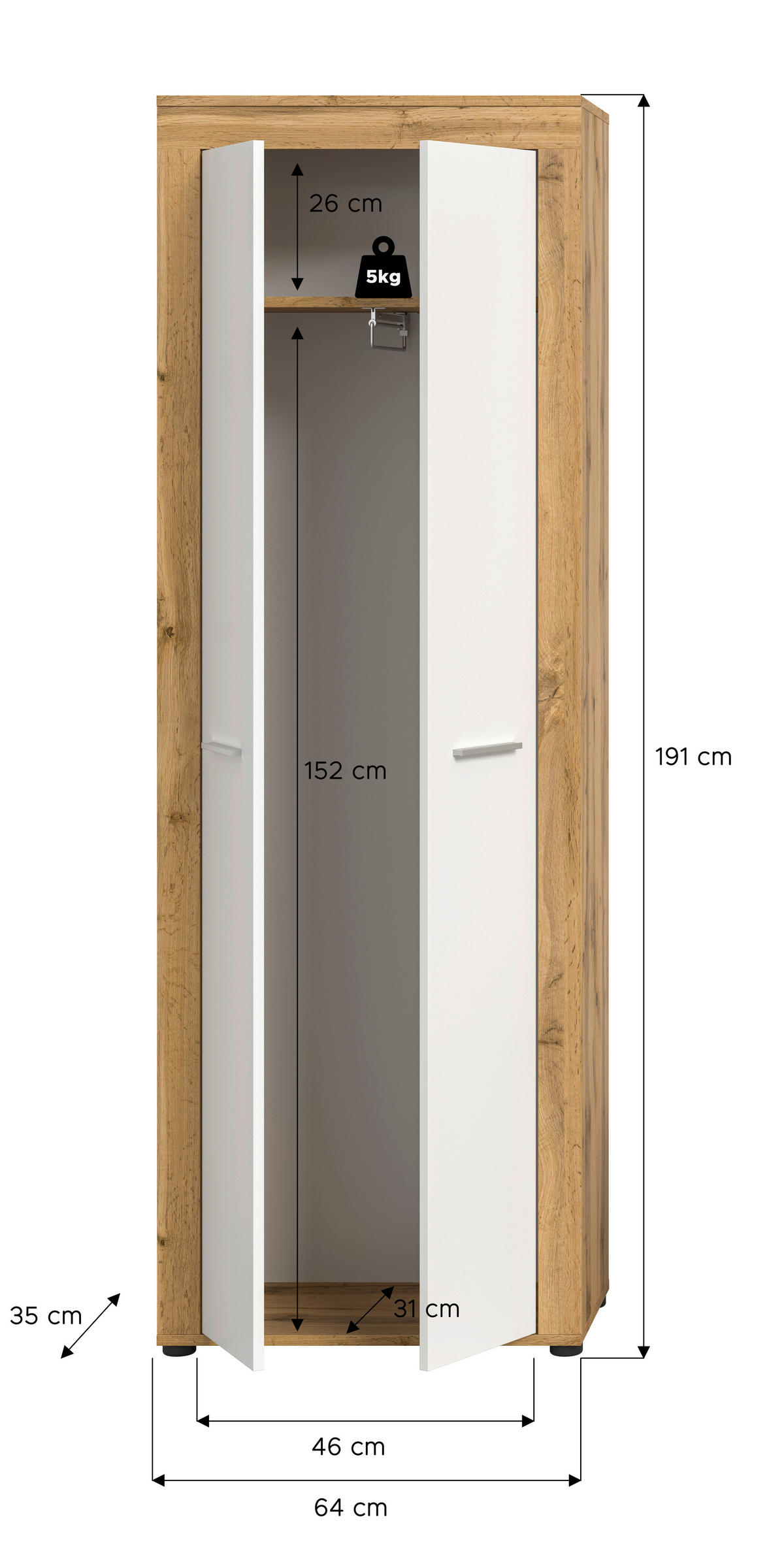Garderobenschrank JAM Eiche Wotan Nachbildung weiß B/H/T: ca. 64x191x35 cm JAM - Eiche/weiß (64,00/191,00/35,00cm) - xonox.home