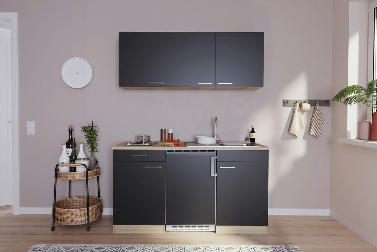 Respekta Singleküche Economy schwarz matt B/H/T: ca. 150x200x60 cm Economy - Eiche/schwarz (150,00/200,00/60,00cm) - Respekta