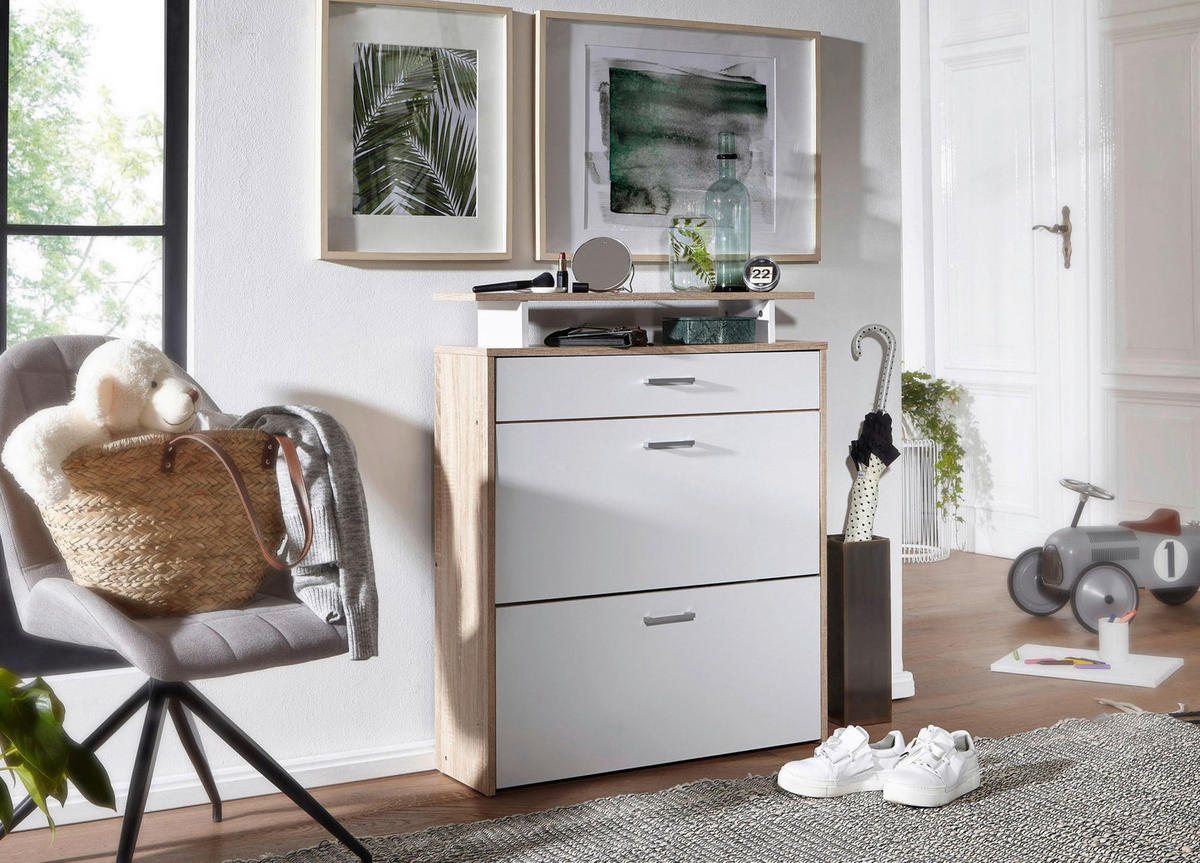 Schuhschrank Eiche Sonoma Nachbildung weiß B/H/T: ca. 80x95x24 cm Schuhschrank - Eiche/weiß (80,00/95,00/24,00cm) - Wohnling
