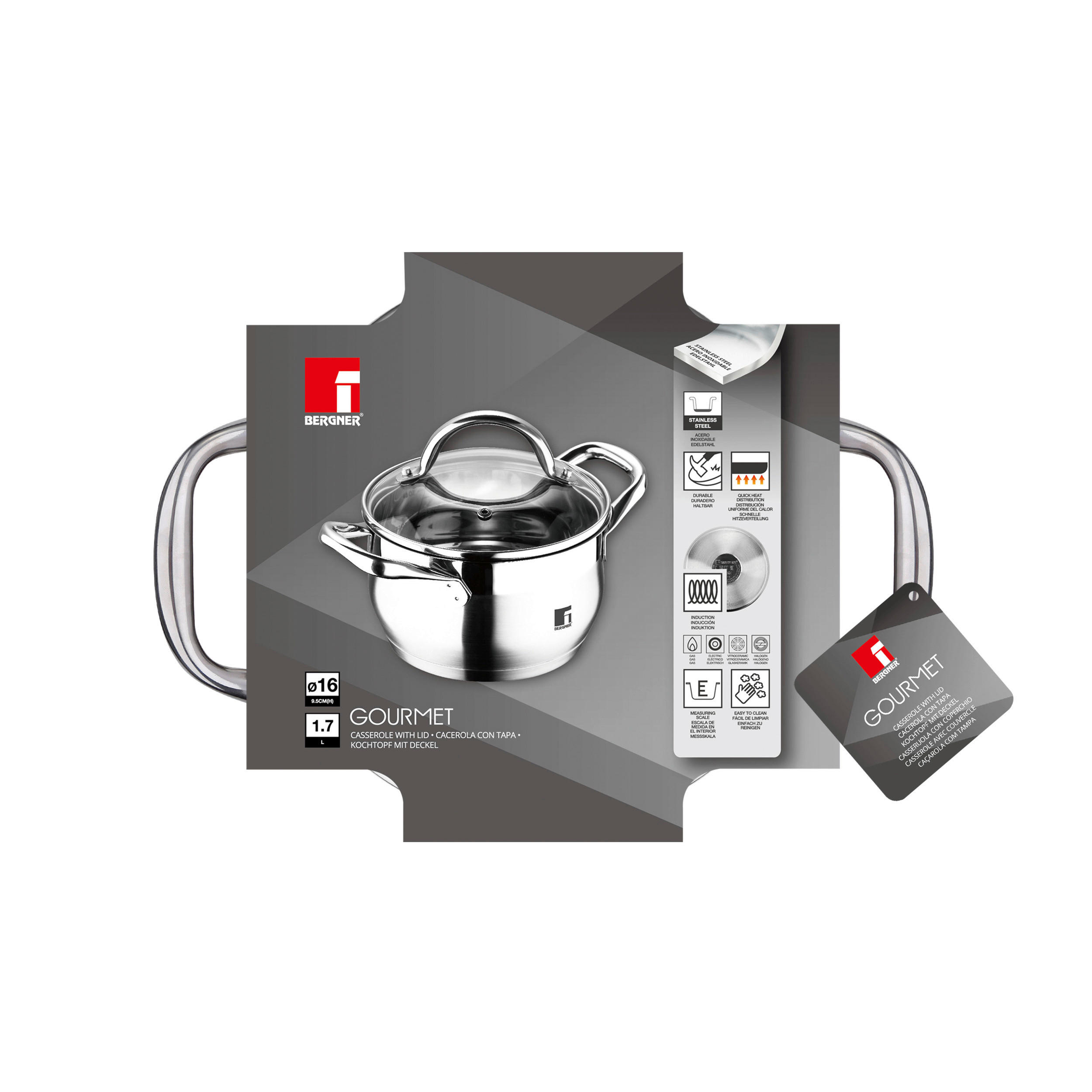 BERGNER Kasserolle GOURMET silber Edelstahl B/H/L: ca. 17,6x11,7x25,3 cm GOURMET - silber (25,30/17,60/11,70cm) - BERGNER