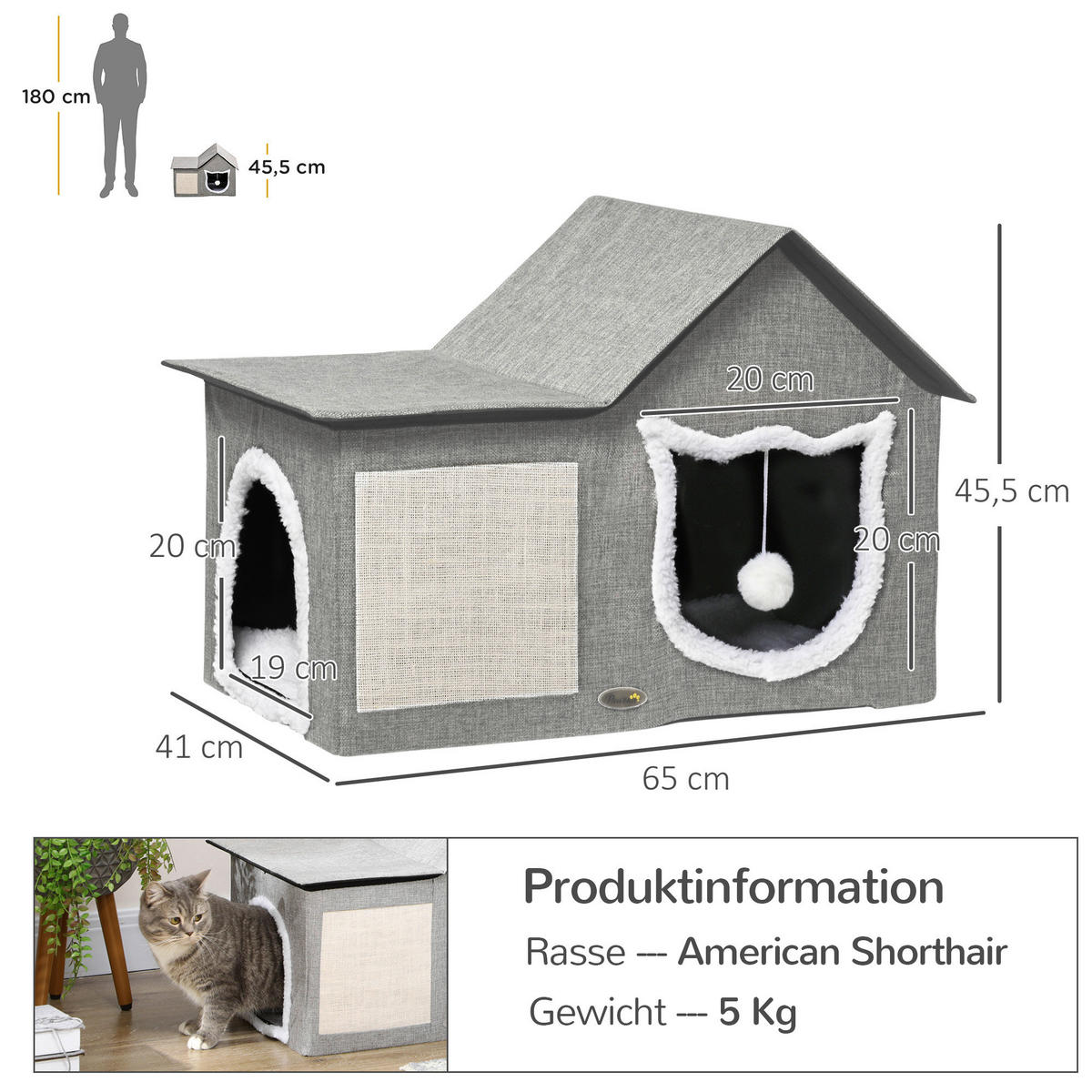 PawHut Katzen-Zubehör grau Polypropylen B/H/L: ca. 41x65x45,5 cm Katzenhöhle - grau (45,50/41,00/65,00cm) - PawHut