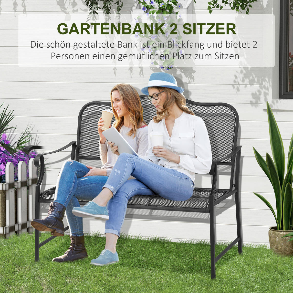 Outsunny Gartenbank schwarz Metall B/H/L: ca. 58x98x113 cm Gartenbank - schwarz (113,00/58,00/98,00cm) - Outsunny