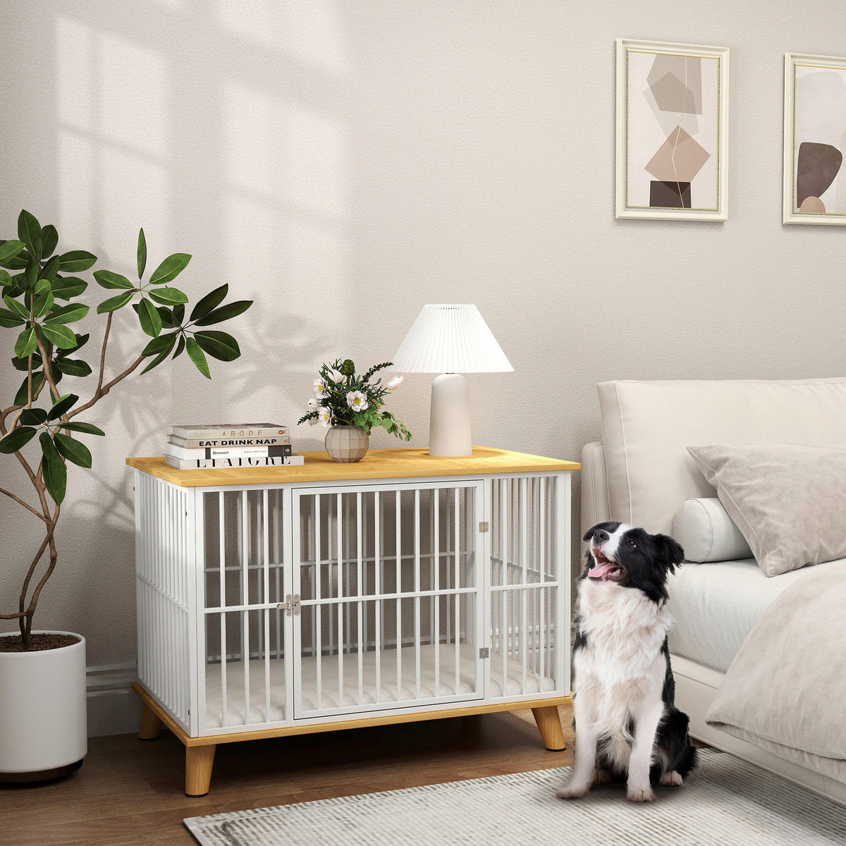 PawHut Hundekäfig Eiche Stahl B/H/L: ca. 60x70x86 cm Hundekäfig - Eiche/weiß (86,00/60,00/70,00cm) - PawHut