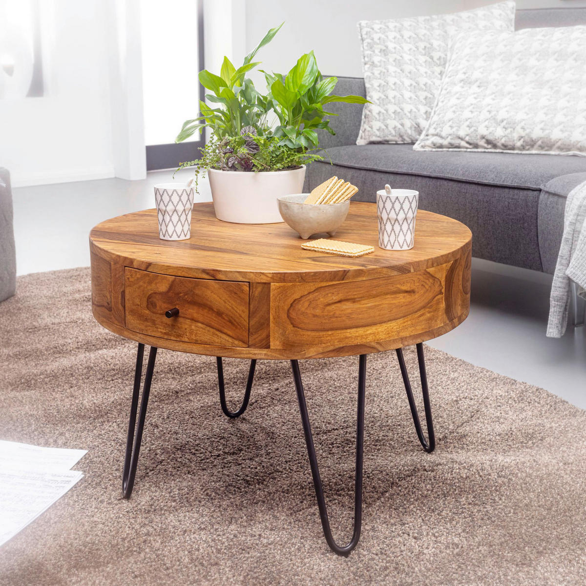 Couchtisch natur schwarz pulverbeschichtet B/H/T: ca. 60x44,5x60 cm Couchtisch - natur/schwarz (60,00/44,50/60,00cm) - Wohnling