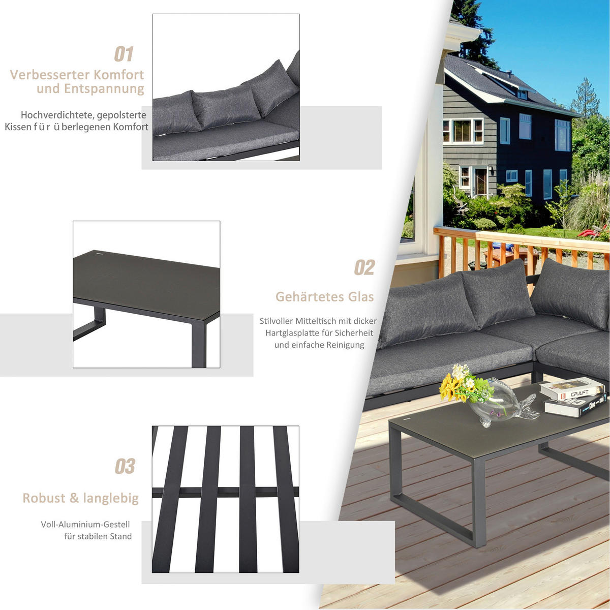 Outsunny Gartensitzgruppe schwarz Glas B/H/L: ca. 70x65x212 cm Gartensitzgruppe - schwarz/grau (212,00/70,00/65,00cm) - Outsunny