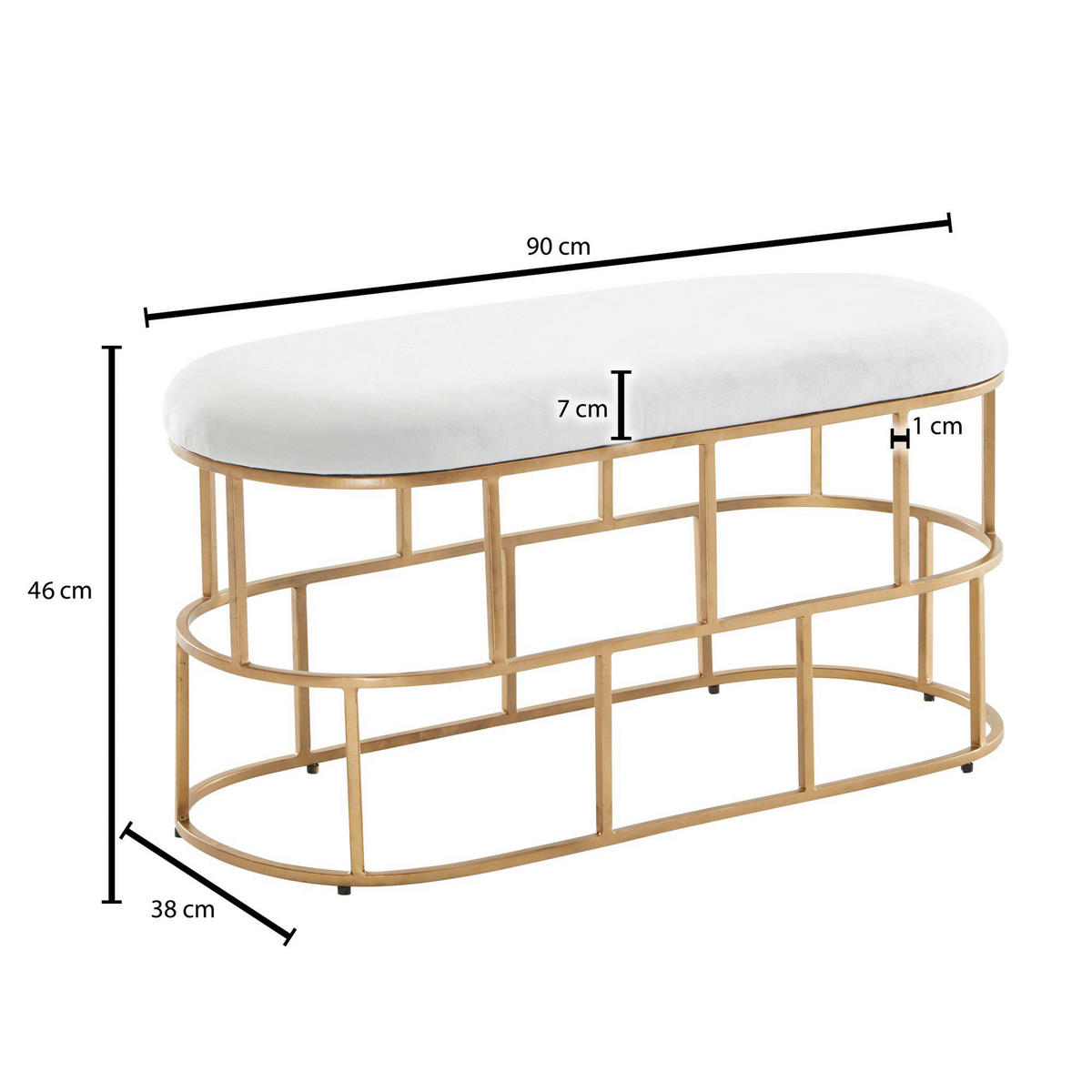 Sitzhocker gold weiß Samt Eisen B/H/T: ca. 90x46x38 cm Sitzbank - gold/weiß (90,00/46,00/38,00cm) - Wohnling