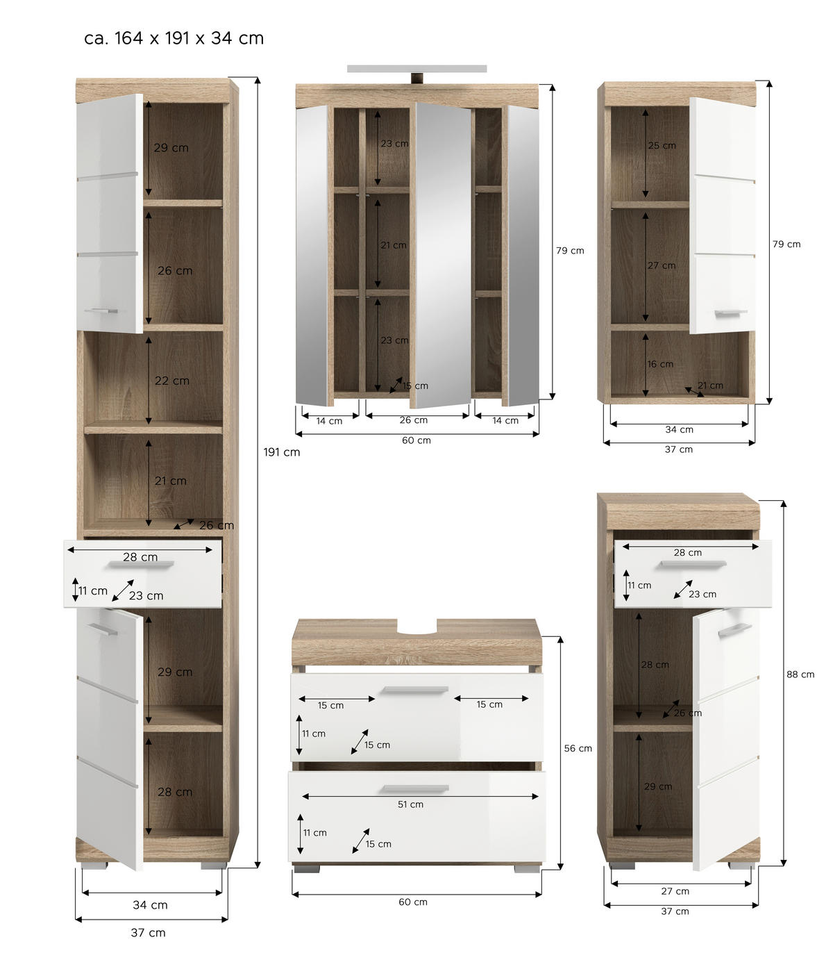 Badezimmer-Set Lambada Eiche Sonoma Nachbildung weiß Hochglanz B/H/T: ca. 164x191x37 cm Lambada - Eiche/weiß (164,00/191,00/37,00cm) - xonox.home