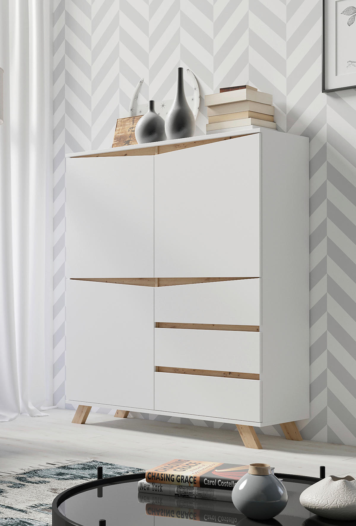 Highboard VALENTIN weiß Eiche Nachbildung B/H/T: ca. 120x142x38 cm VALENTIN - Eiche/weiß (120,00/142,00/38,00cm) - byLIVING