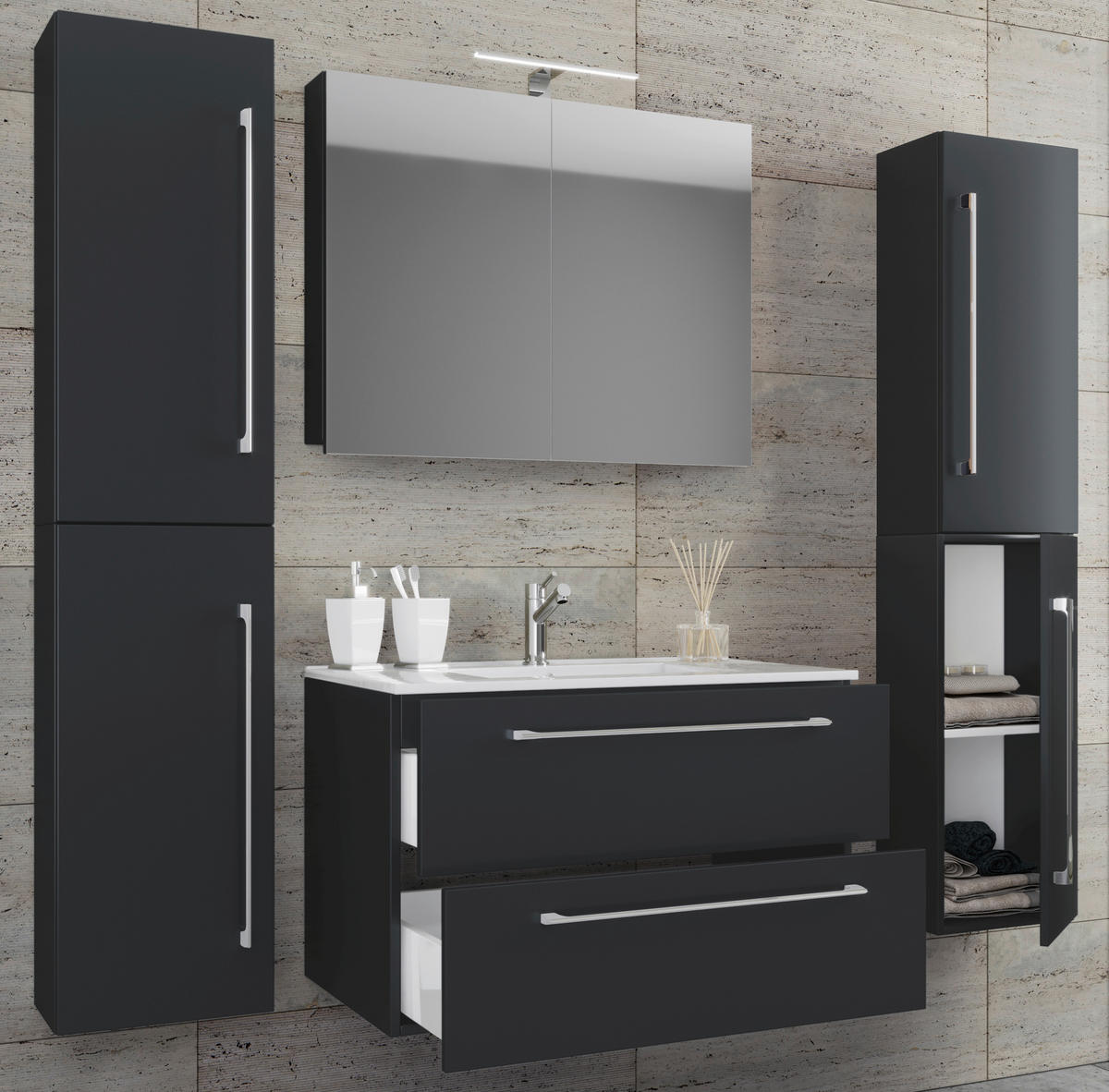 Waschplatz 5tlg-Badinos schwarz B/H/T: ca. 60x50x46 cm 5tlg-Badinos - schwarz (60,00/50,00/46,00cm) - VCM Möbel
