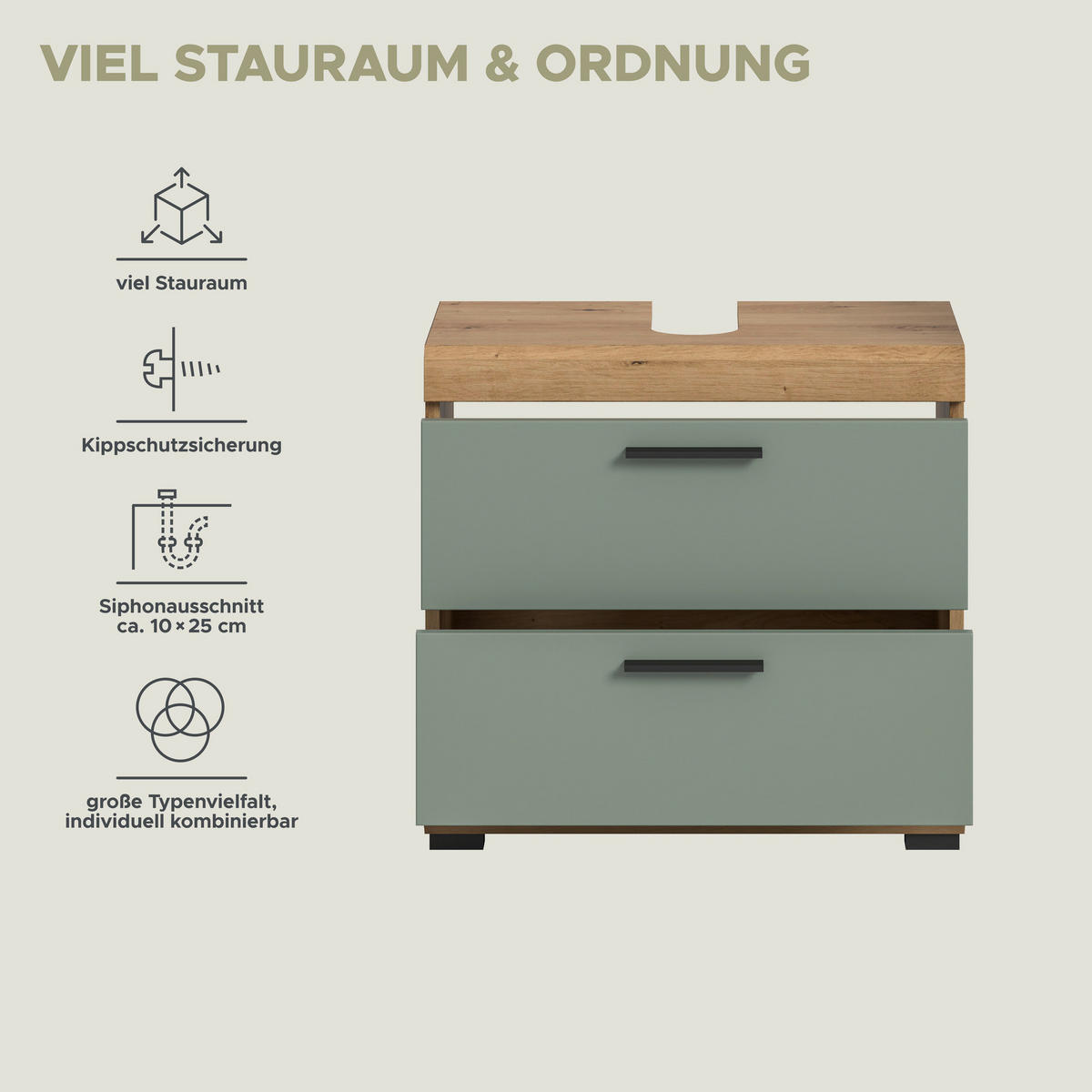 Waschbeckenunterschrank Scout Eiche Artisan Nachbildung salbei Nachbildung B/H/T: ca. 60x56x37 cm Scout - Eiche/salbei (60,00/56,00/37,00cm) - xonox.home