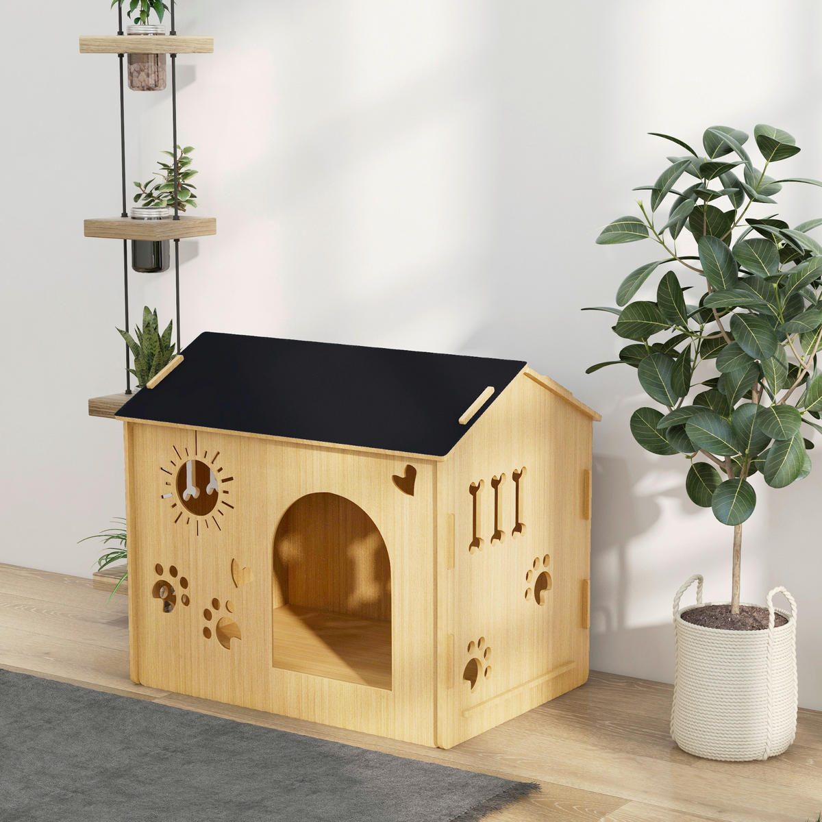 PawHut Hundehütte Eiche MDF B/H/L: ca. 50x58,5x69 cm Hundehütte - Eiche/schwarz (69,00/50,00/58,50cm) - PawHut