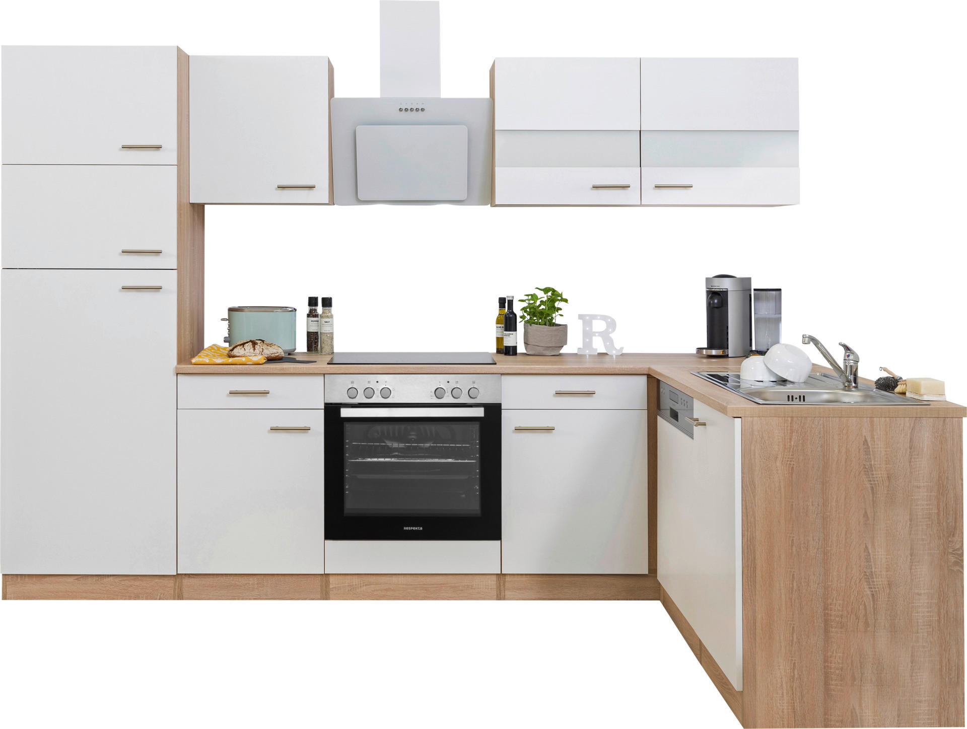 Respekta Winkelküche Economy weiß matt B/H/T: ca. 280x200x172 cm Economy - Eiche/weiß (280,00/200,00/172,00cm) - Respekta