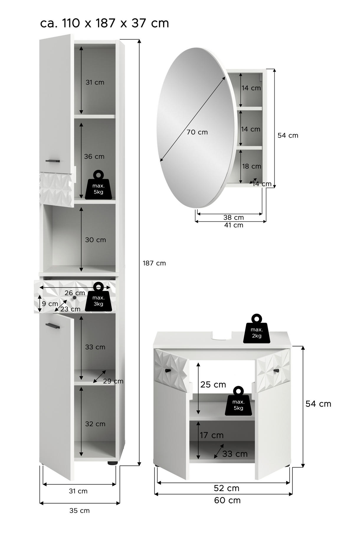 Badezimmer-Set Prisma weiß B/H/T: ca. 195x187x37 cm Prisma - weiß (195,00/187,00/37,00cm) - xonox.home