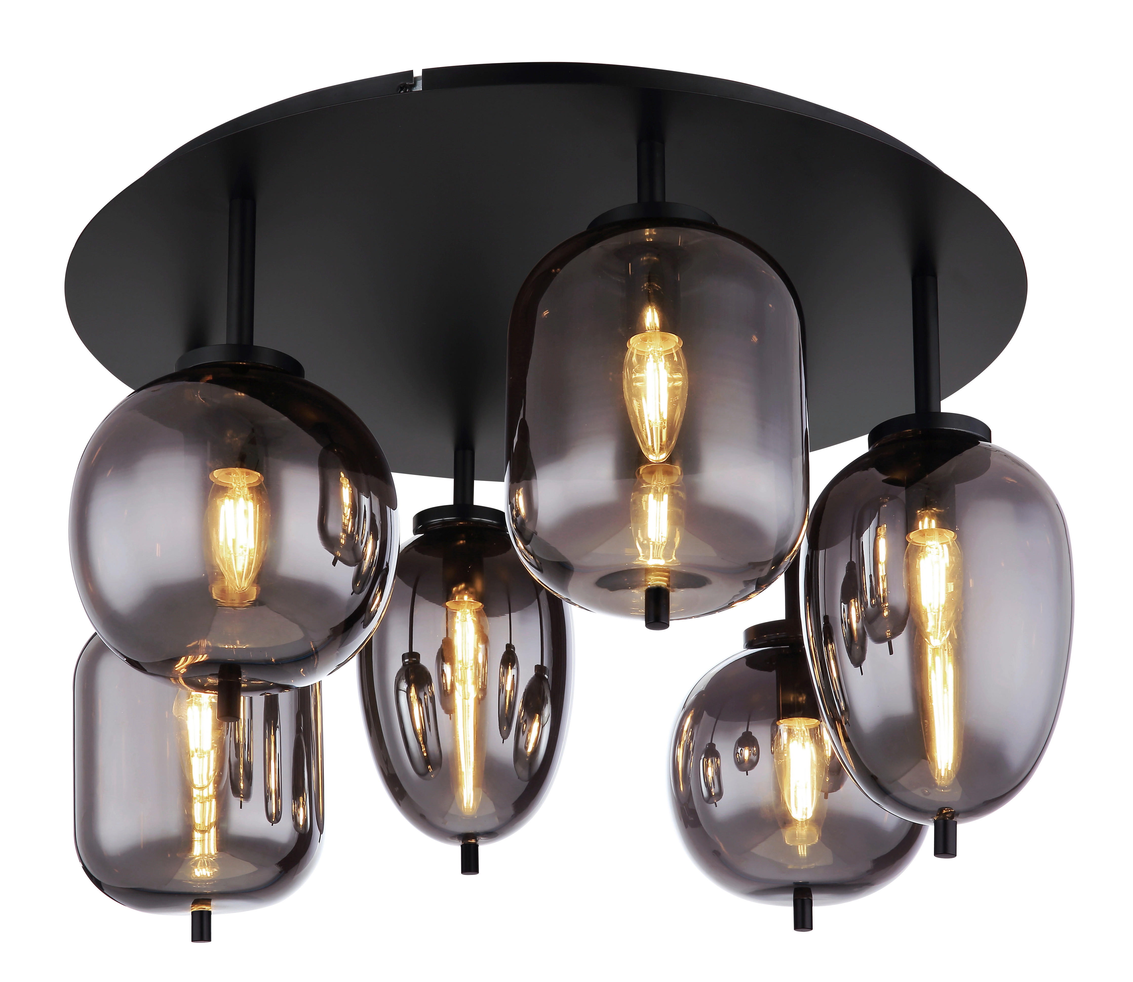 GLOBO Deckenleuchte BLACKY 15345-6D mattschwarz Metall Rauchglas H/D: ca. 38x65 cm E14 6 Brennstellen Blacky - mattschwarz (65,00/38,00cm) - GLOBO