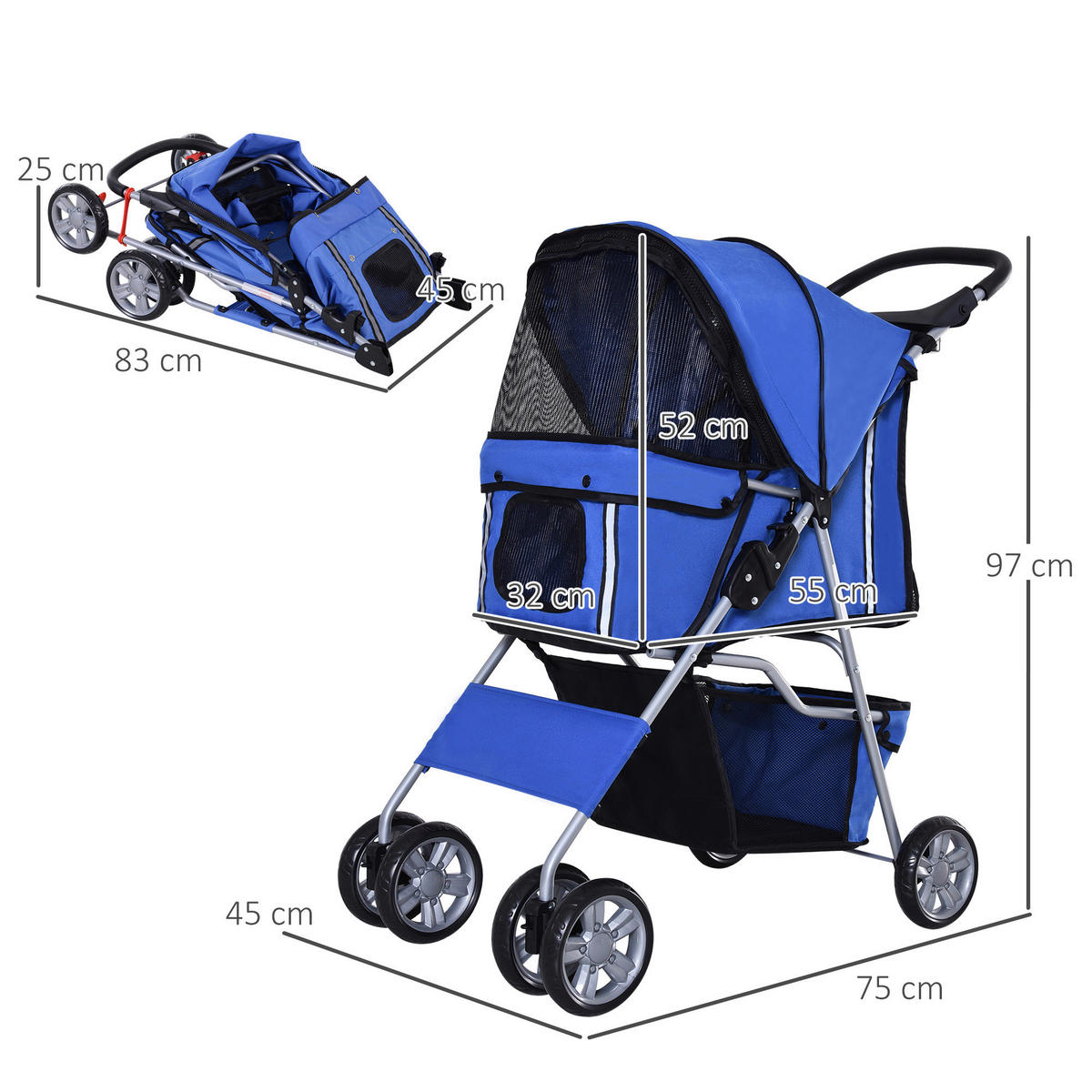 PawHut Hunde-Zubehör blau Edelstahl B/H/L: ca. 45x75x97 cm Hundebuggy - blau (97,00/45,00/75,00cm) - PawHut