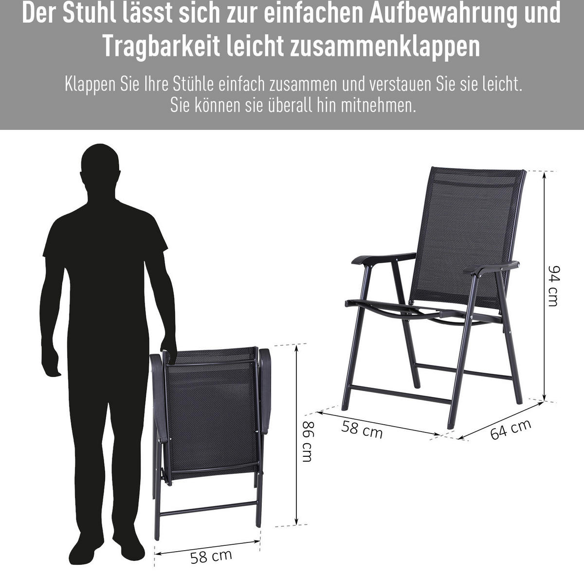 Outsunny Klappsessel grau Metall B/H/T: ca. 58x94x64 cm Klappstuhl_im_2er-Set - grau (58,00/94,00/64,00cm) - Outsunny