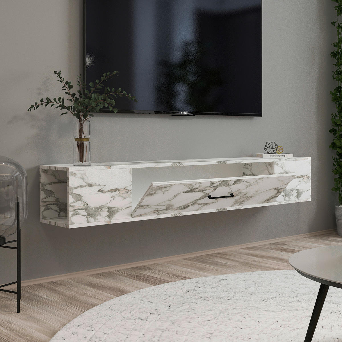 TV-Lowboard Acworth weiß Marmor Optik B/H/T: ca. 160x30x29,6 cm Acworth - weiß (160,00/30,00/29,60cm) - moebel17