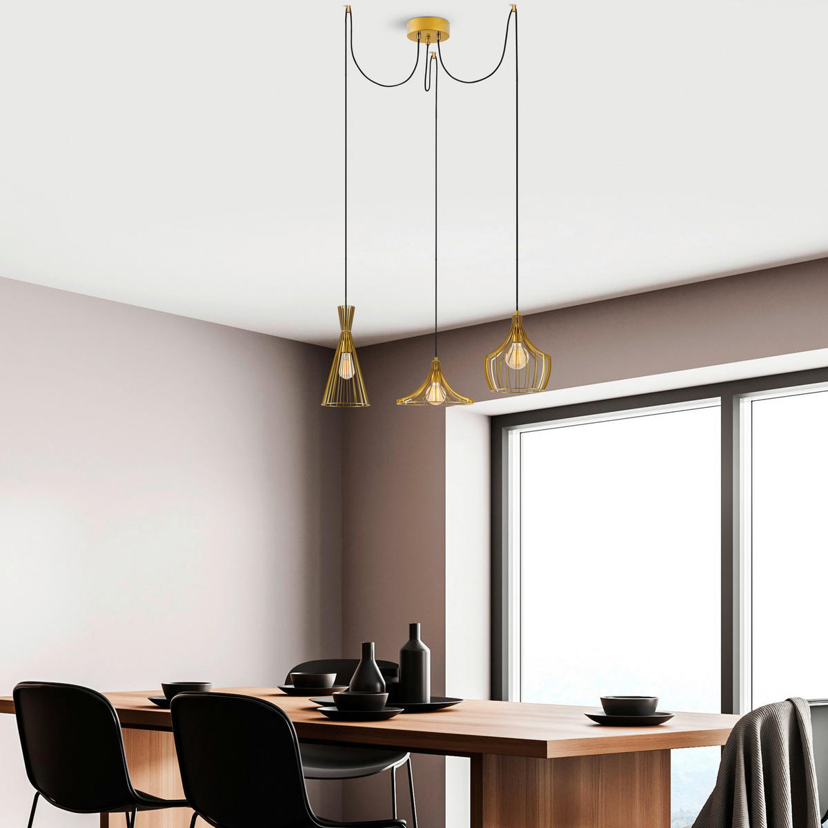 Opviq Pendelleuchte Mezopotamya gold B/H/T/L/D: ca. 114x130x114x114x114 cm E27 3 Brennstellen Mezopotamya - gold (114,00/114,00/130,00cm) - Opviq