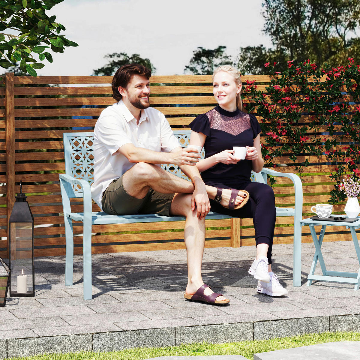 Outsunny Gartenbank blau Stahl B/H/L: ca. 63x85x127 cm Gartenbank - blau (127,00/63,00/85,00cm) - Outsunny